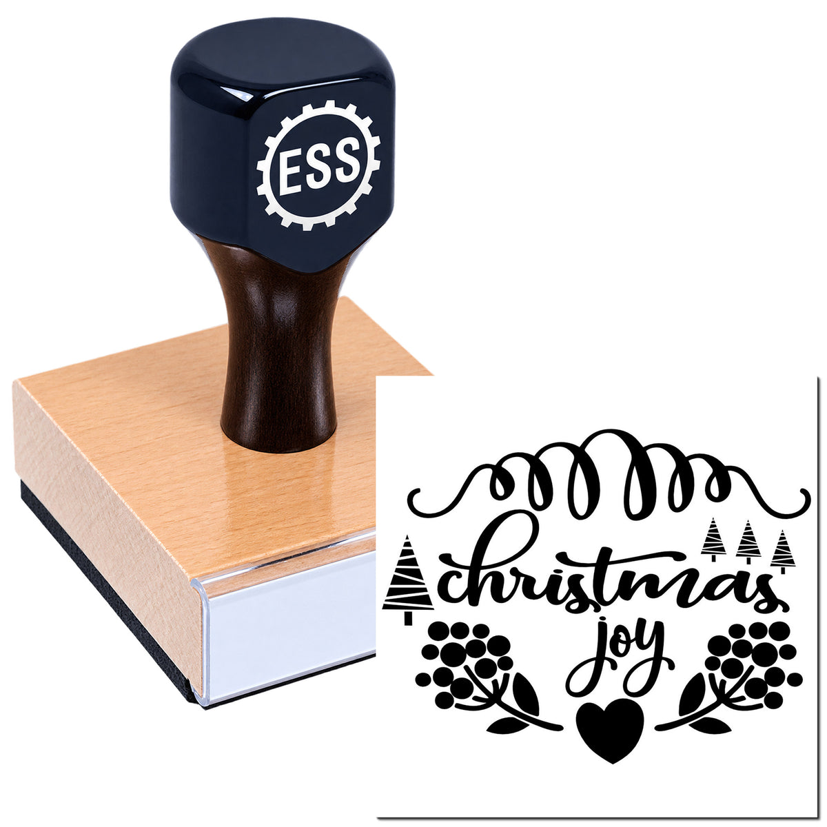 Dark navy ESS stamp on a wooden seal block beside a black Christmas Joy decorative seal design on white background