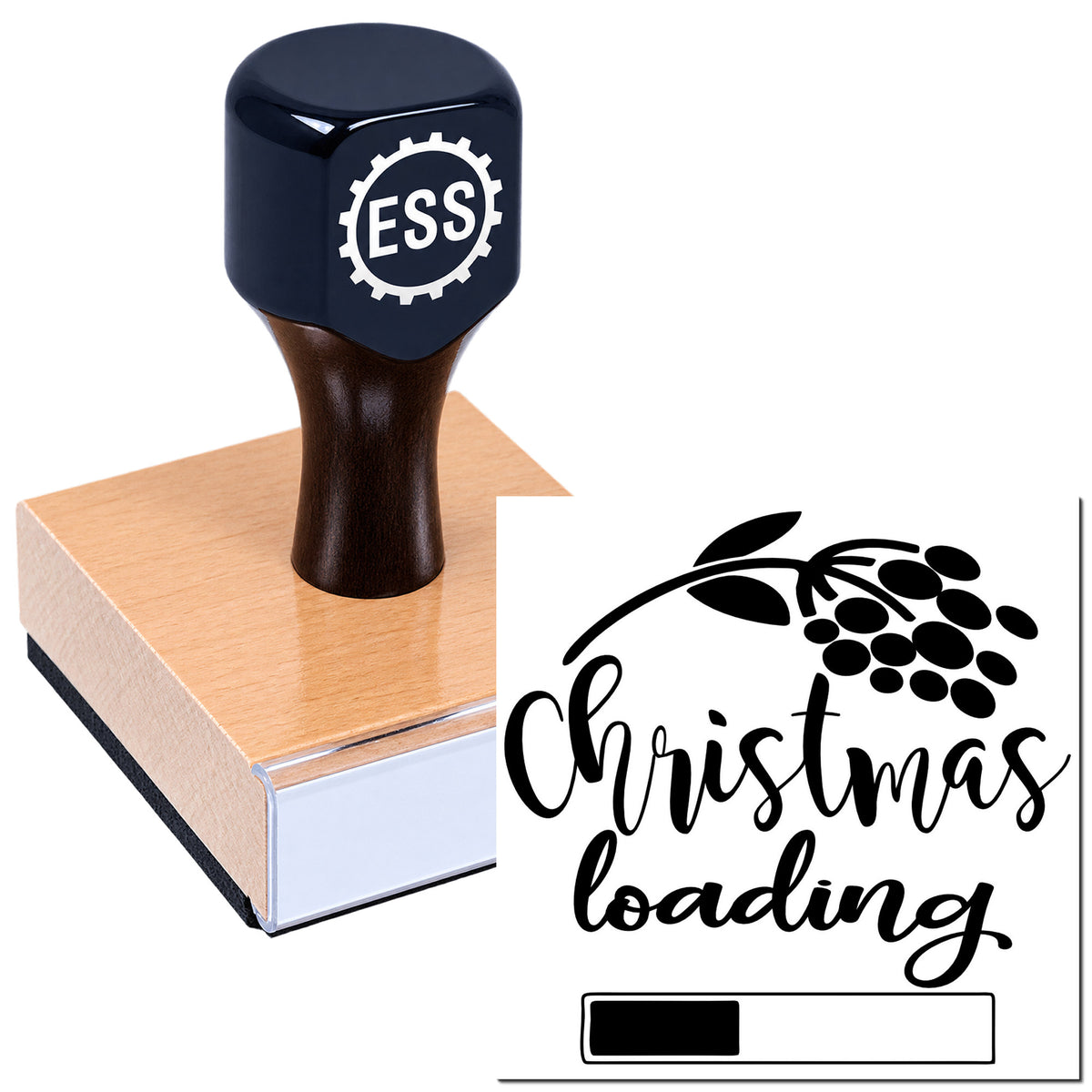 Dark blue ESS seal stamp on wooden block beside Christmas loading graphic, olive branch and progress bar