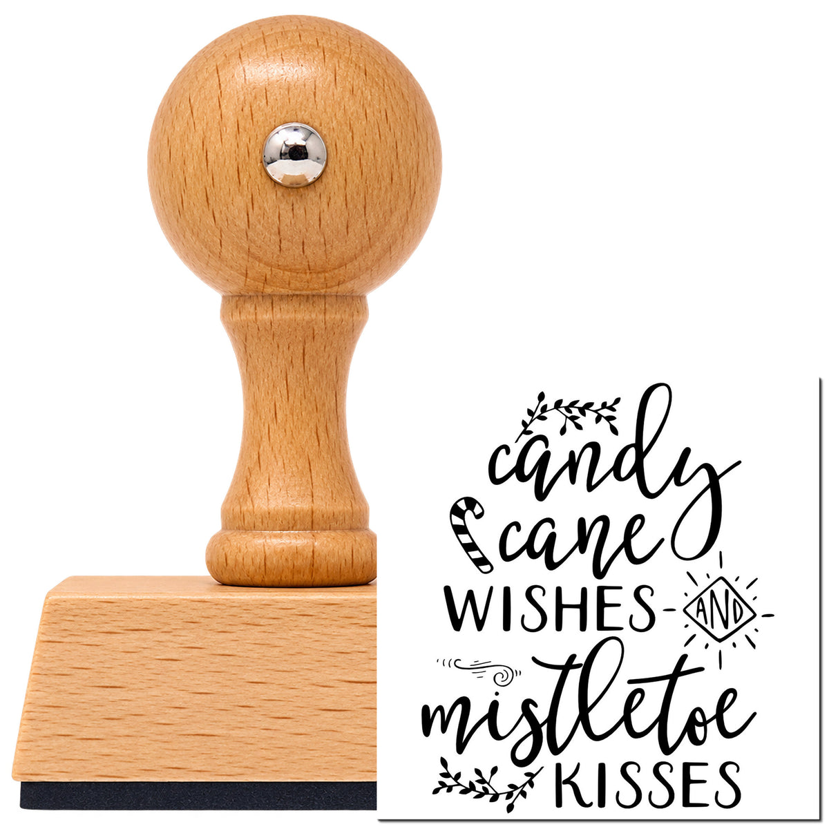 Vintage Pro beech wood stamp with a round knob handle, shown with its black Candy Cane Mistletoe Wishes imprint on white.