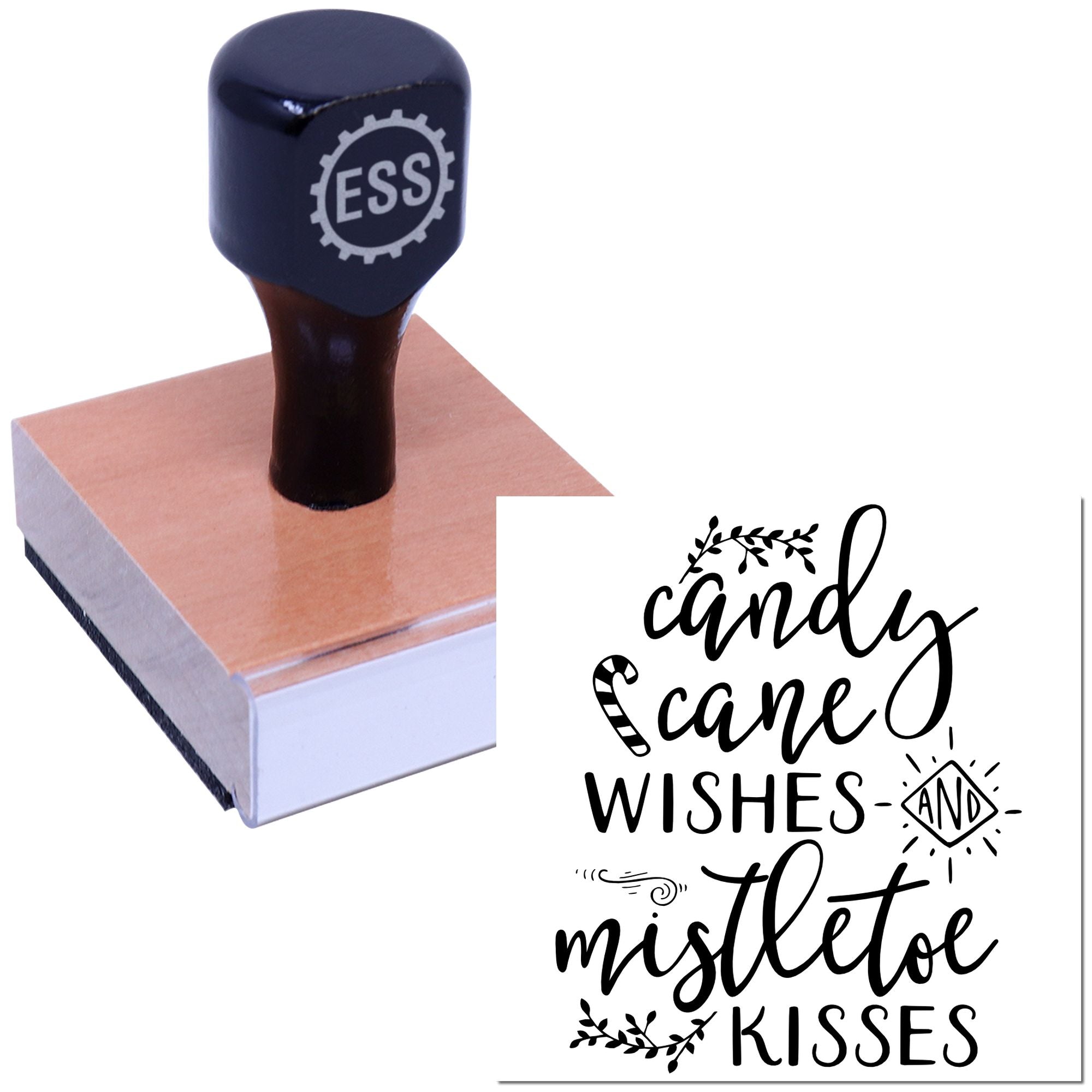 Black rubber stamp and seal on a wood-mounted block, with white ESS logo and a black candy cane, wishes, mistletoe, kisses design.