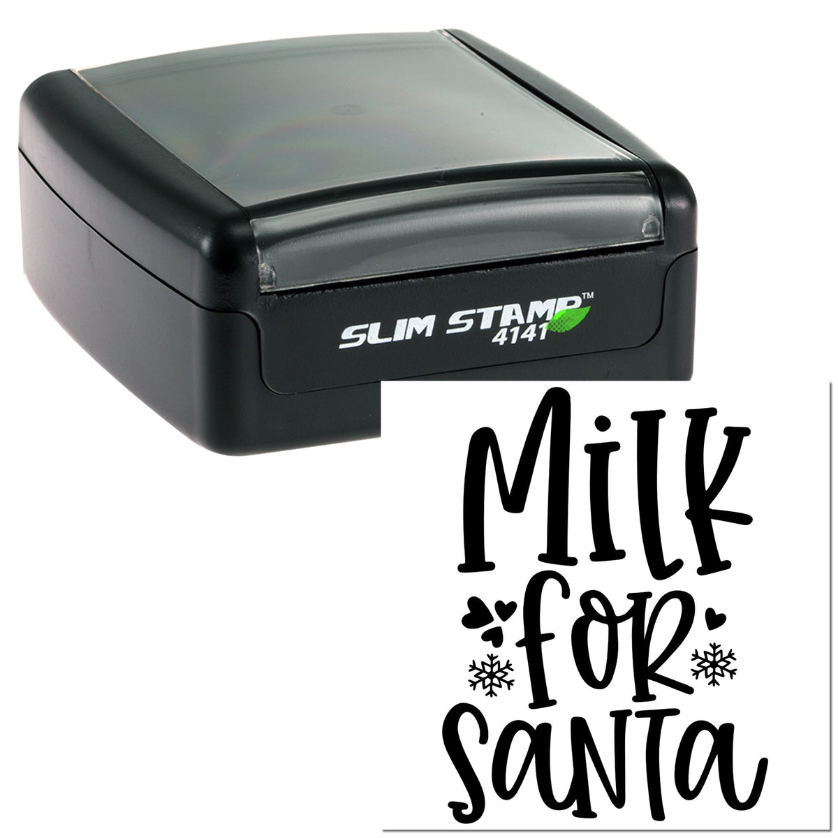 Black Slim Stamp 4141 self-inking stamp with Milk for Santa seal design and snowflake accents on white background