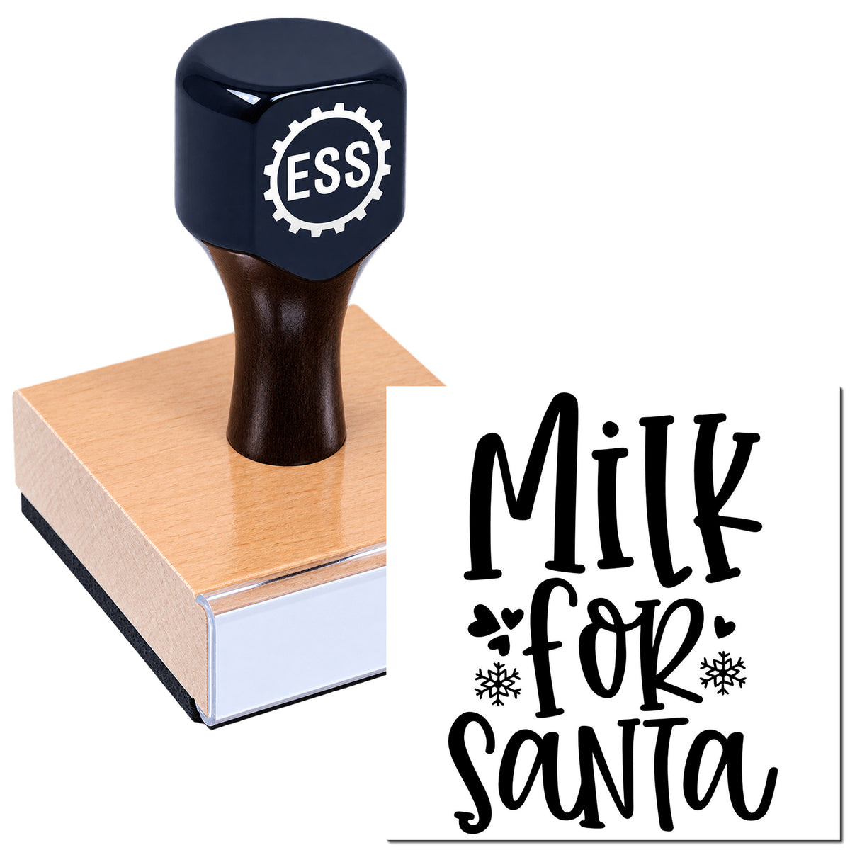 Black ESS rubber stamp and seal on a square block, with a white print reading Milk for Santa in decorative black script.