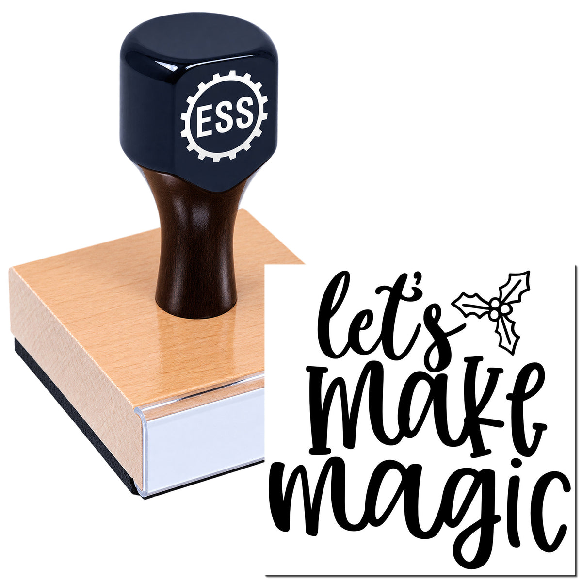Dark navy ESS stamp with wooden handle on pink block, beside black "let's make magic" seal design.
