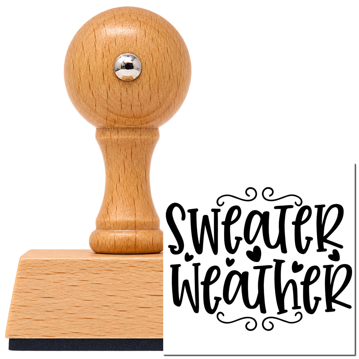 Vintage Pro beech wood stamp with a round knob handle, shown with its black Sweater Weather Hearts imprint on white.