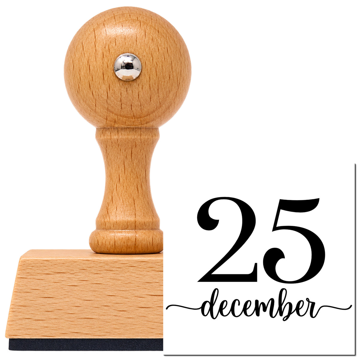 Vintage Pro beech wood stamp with a round knob handle, shown with its black December Twenty Five Serif Lettering imprint on white.