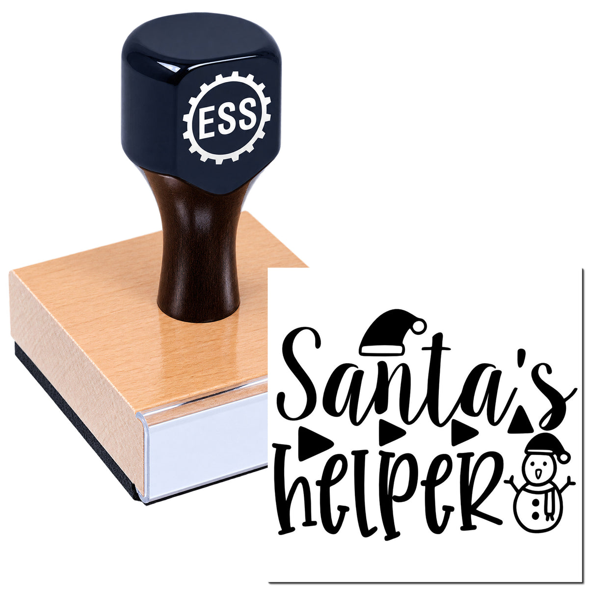 Navy ESS stamp on a wooden seal block beside black Santa's Helper lettering with Santa hat and snowman.