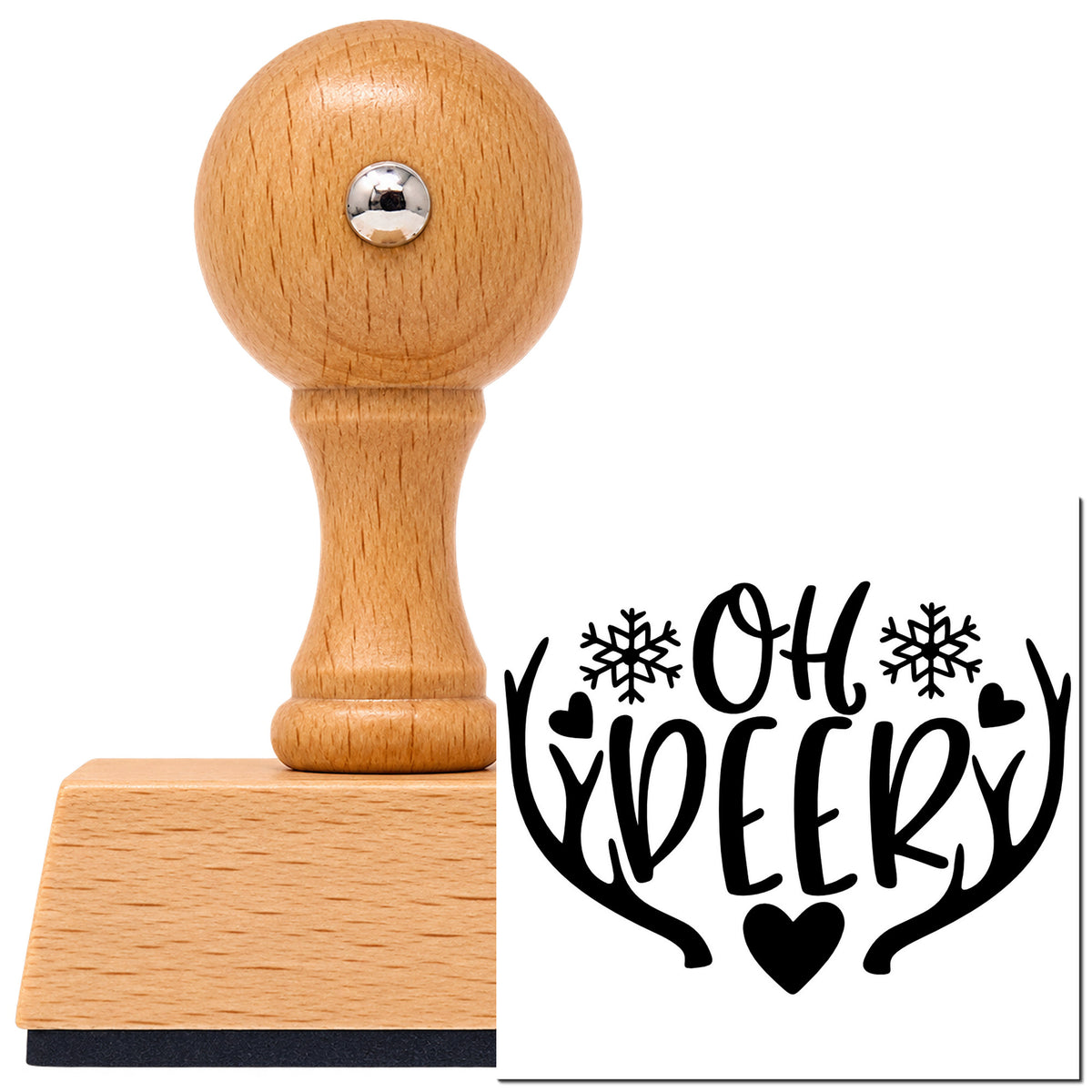Vintage Pro beech wood stamp with a round knob handle, shown with its black Oh Deer Antlers Snowflakes With Hearts imprint on white.