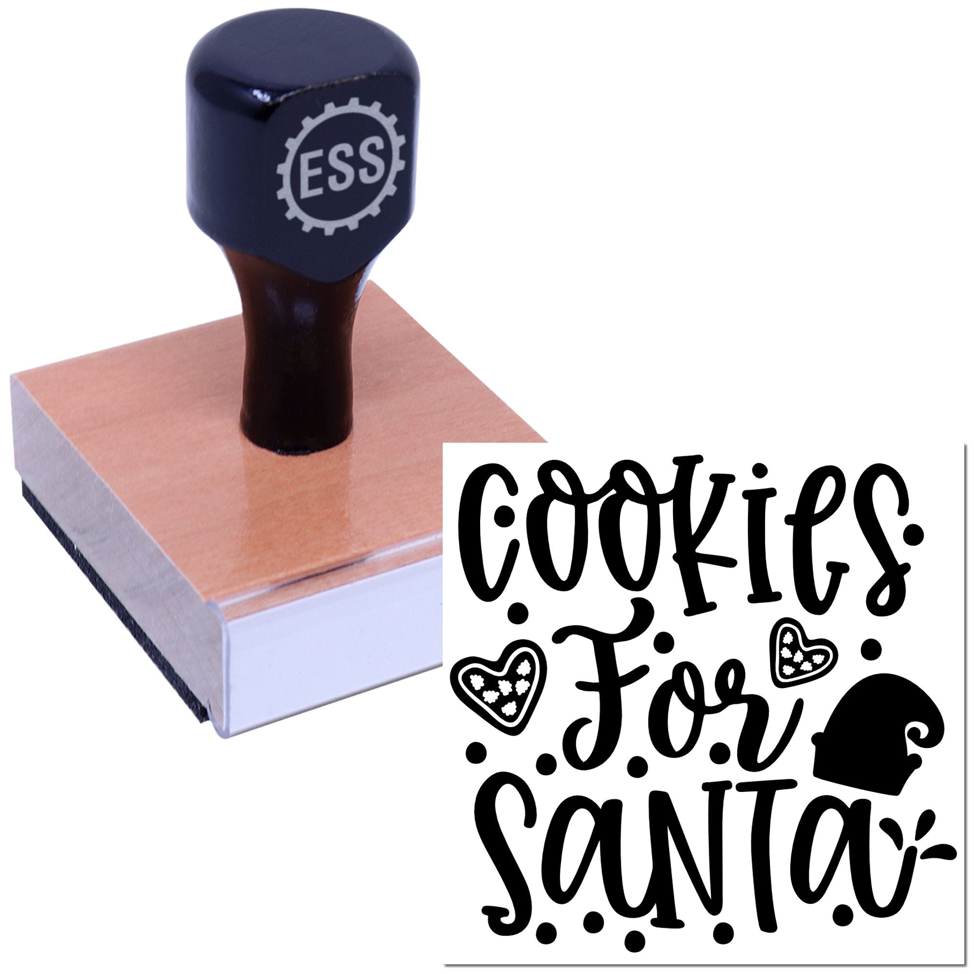 Dark blue ESS self-inking stamp on a pink-and-white rubber seal block, with black Cookies for Santa design