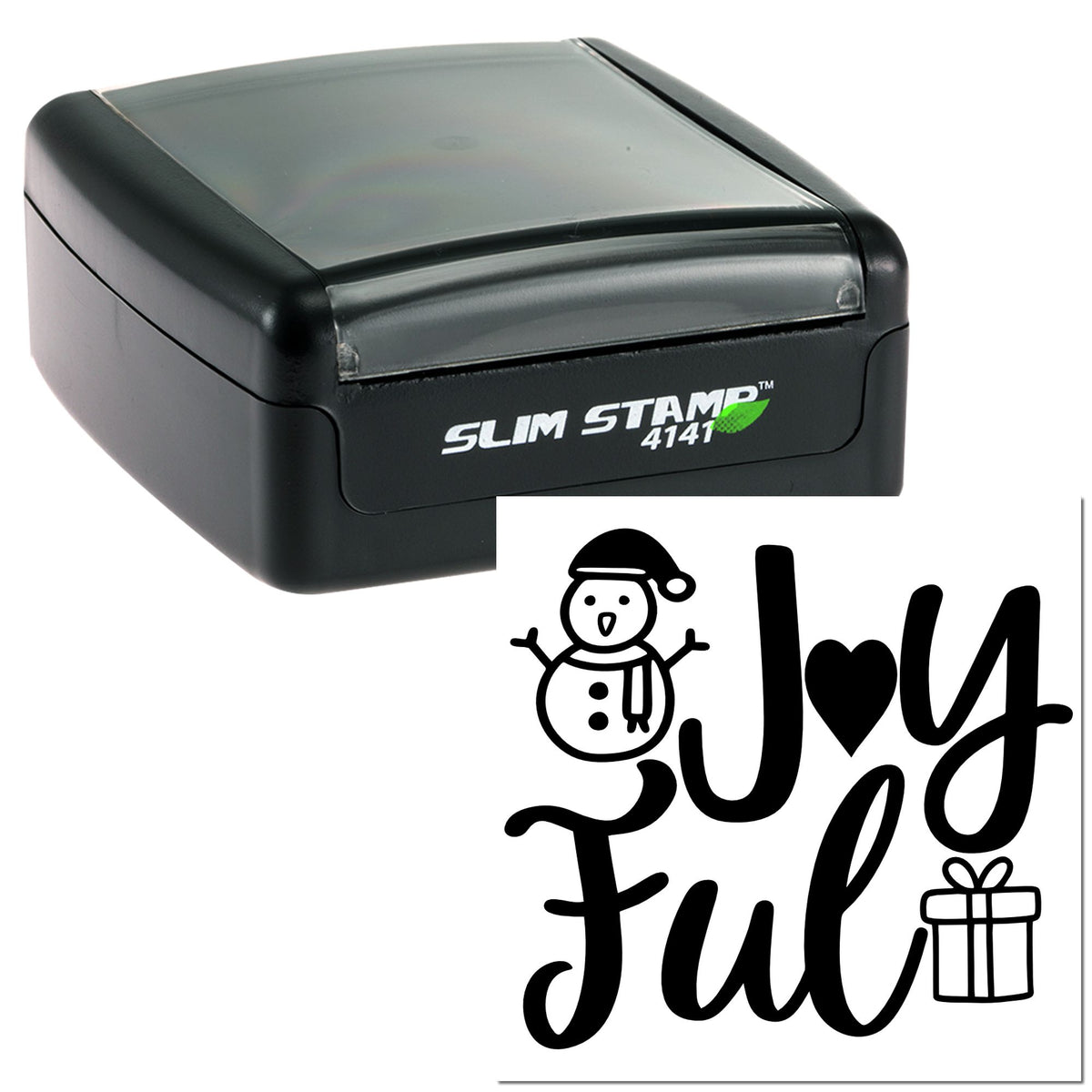 Black Slim Stamp 4141 self-inking stamp and seal with a white holiday design, snowman icon, and Joyful text in black.