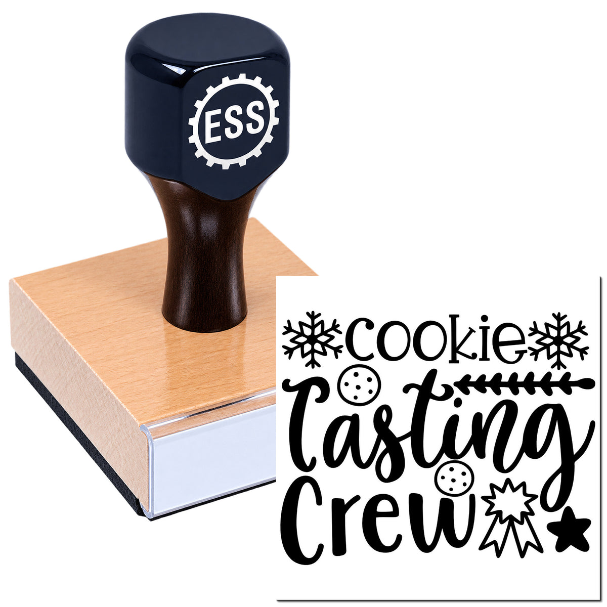 Dark blue ESS stamp on wooden block beside black "Cookie Tasting Crew" seal design with snowflakes and stars.