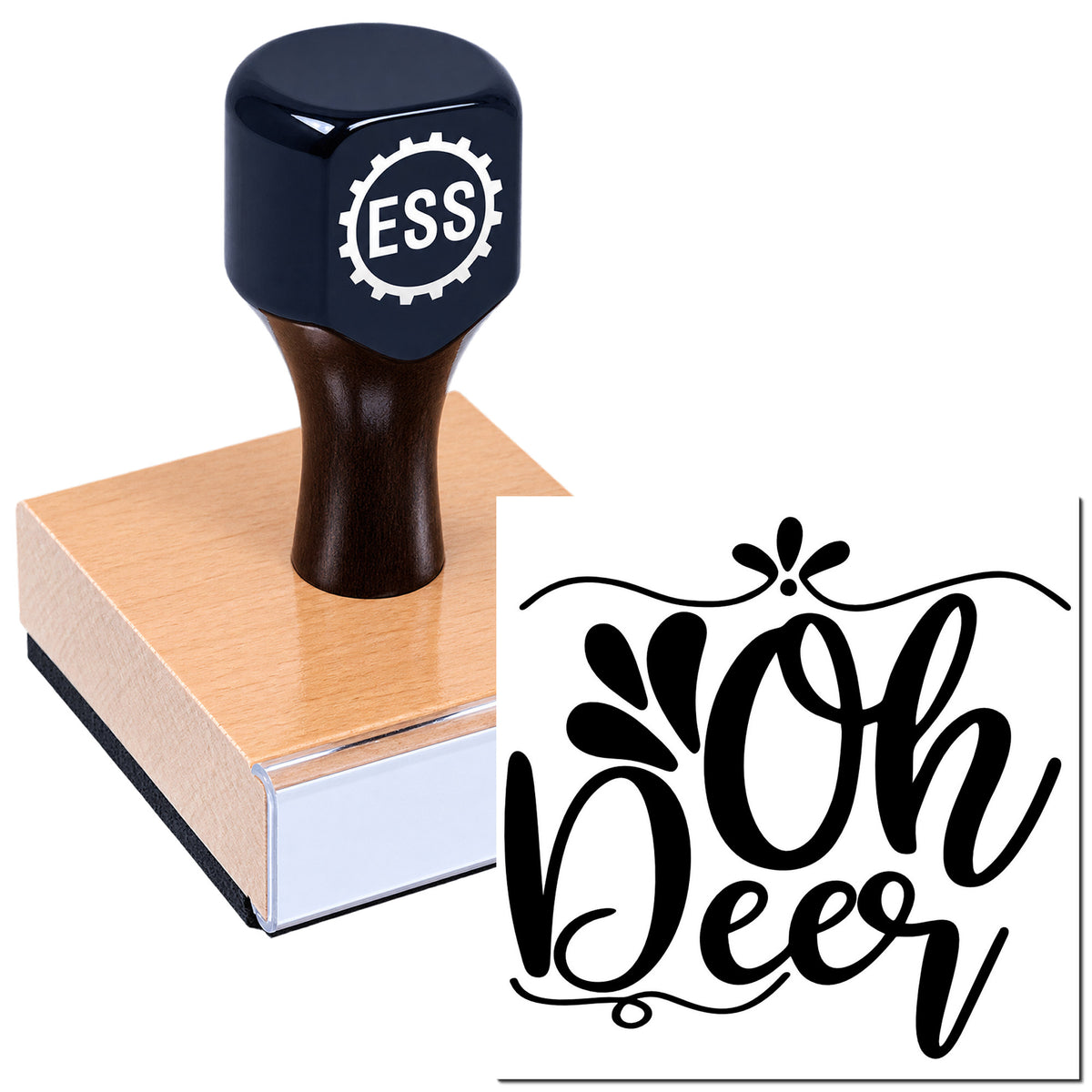 Dark navy ESS rubber stamp on wooden block with black Bon Deer decorative seal design on white background