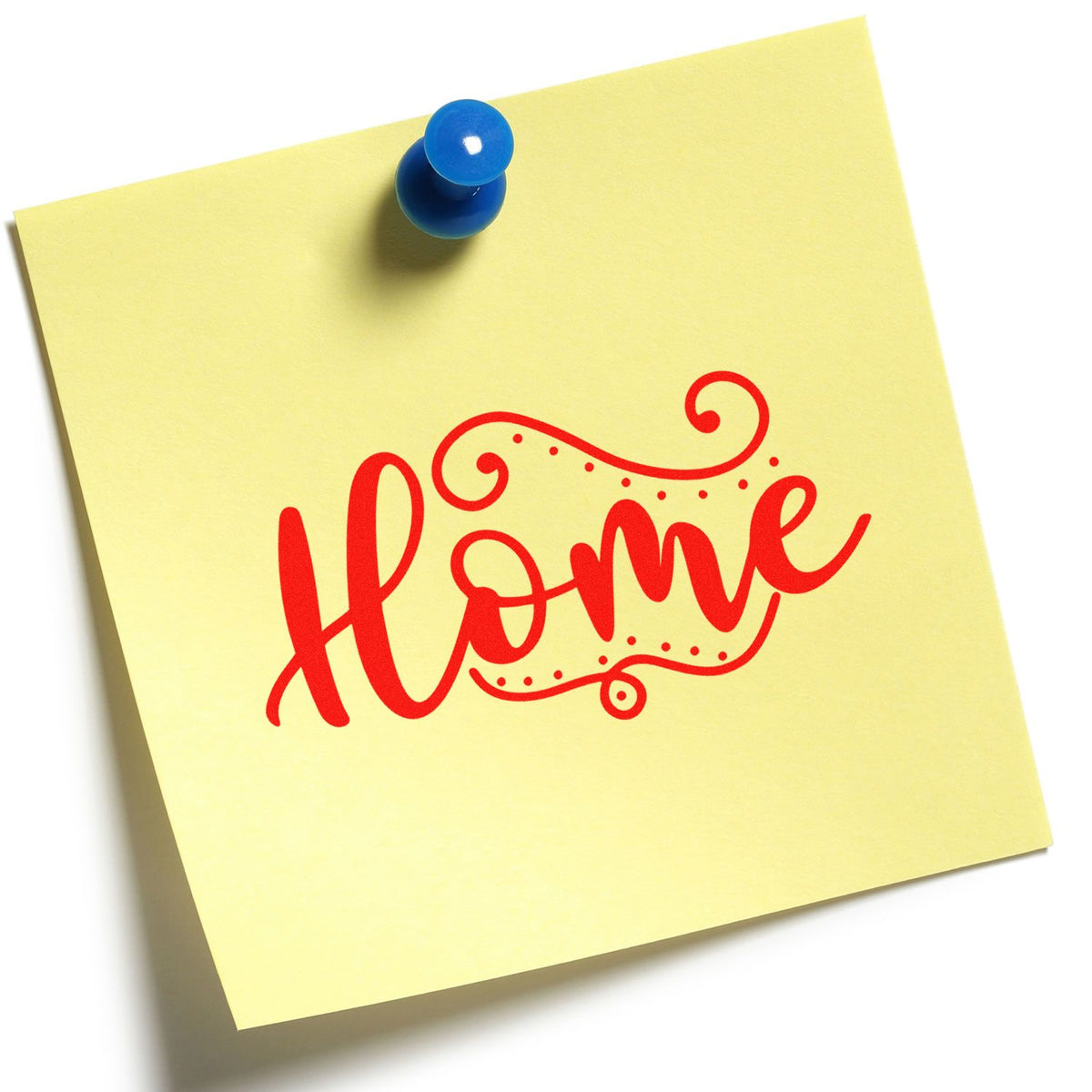 Yellow sticky note pinned with a blue pushpin and red decorative home stamp/seal design.