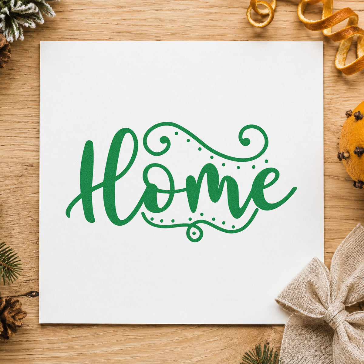 Home Flourishing Script craft stamp imprint in green ink on a handmade project, one idea being open house slips.