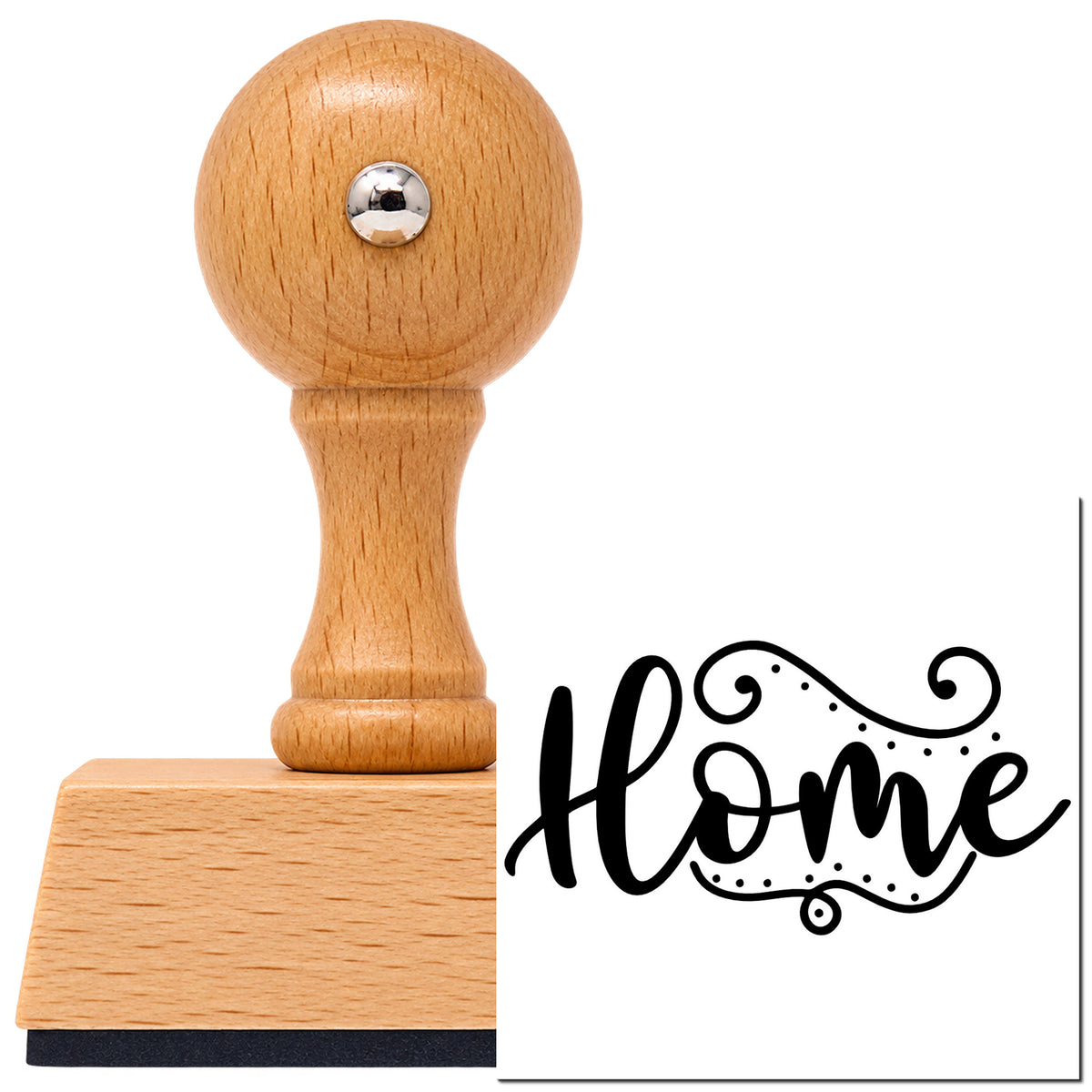Vintage Pro beech wood stamp with a round knob handle, shown with its black Home Flourishing Script Lettering imprint on white.