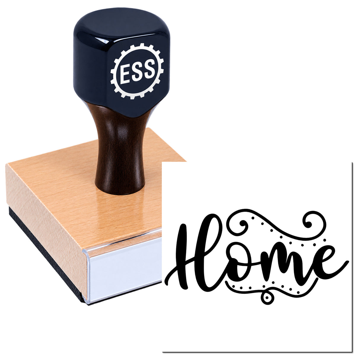Black ESS self-inking stamp on a wooden block beside a decorative black Home seal.