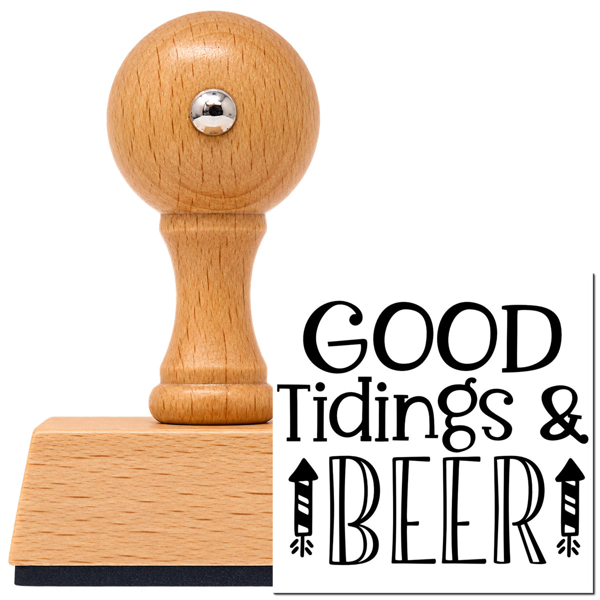 Vintage Pro beech wood stamp with a round knob handle, shown with its black Good Tidings And Beer imprint on white.