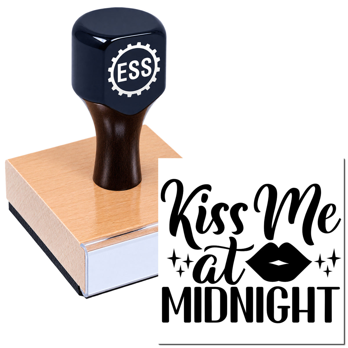 Black ESS rubber stamp on pink wooden block with "Kiss Me at Midnight" seal design.