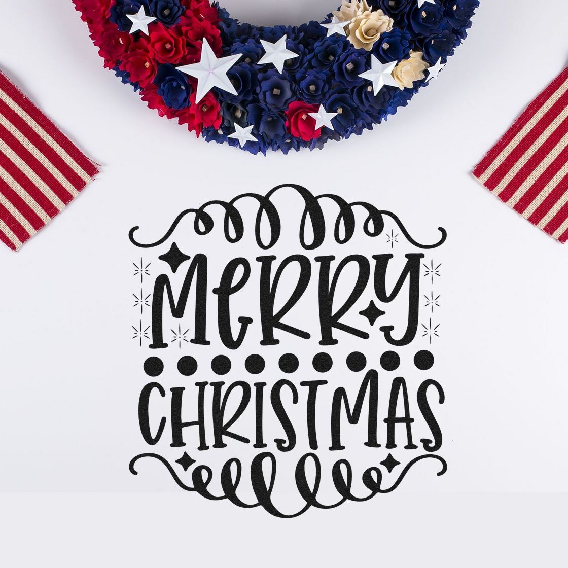 Merry Christmas stamp and seal design in black, with red, navy, and cream floral wreath and stars on white background.