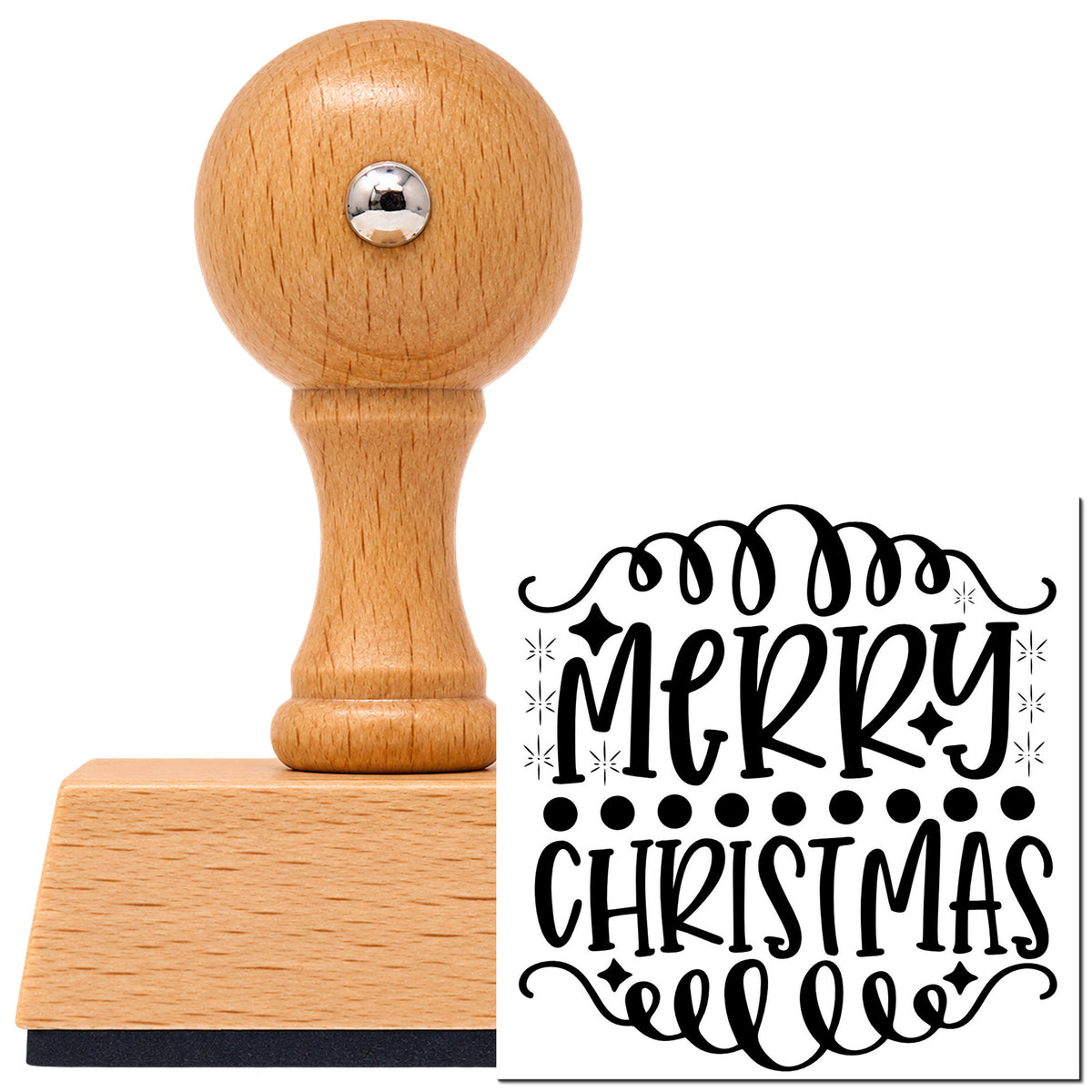 Vintage Pro beech wood stamp with a round knob handle, shown with its black Merry Christmas Loop Borders Snowflakes imprint on white.