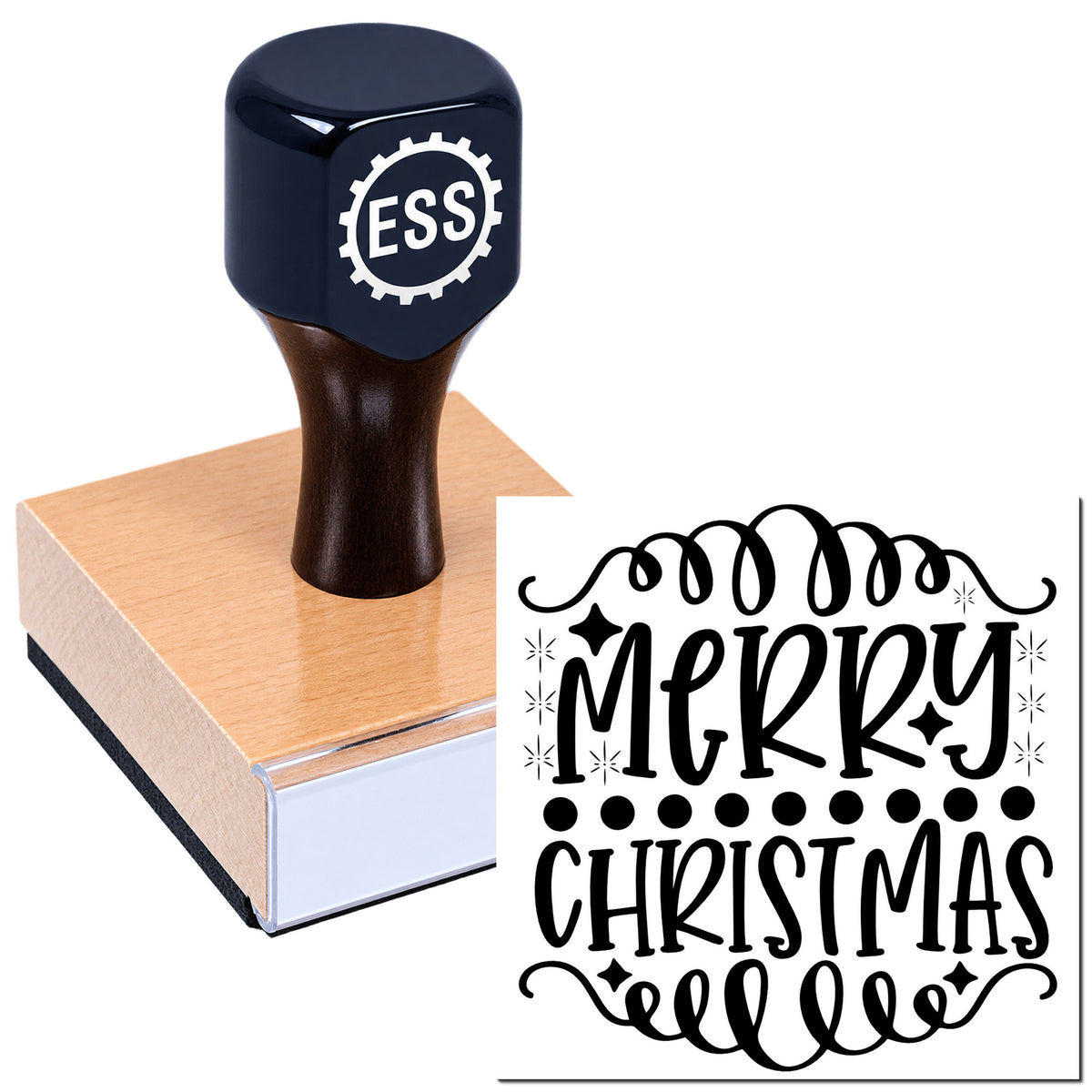 Dark navy ESS stamp on a pink wood block beside a black Merry Christmas seal design on white.