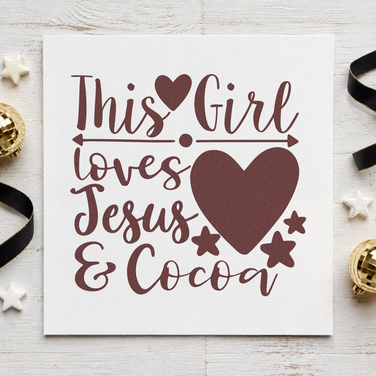 Girl Loves Jesus And Cocoa rubber stamp printed in brown ink, ready for devotion log sheet and similar paper crafts.