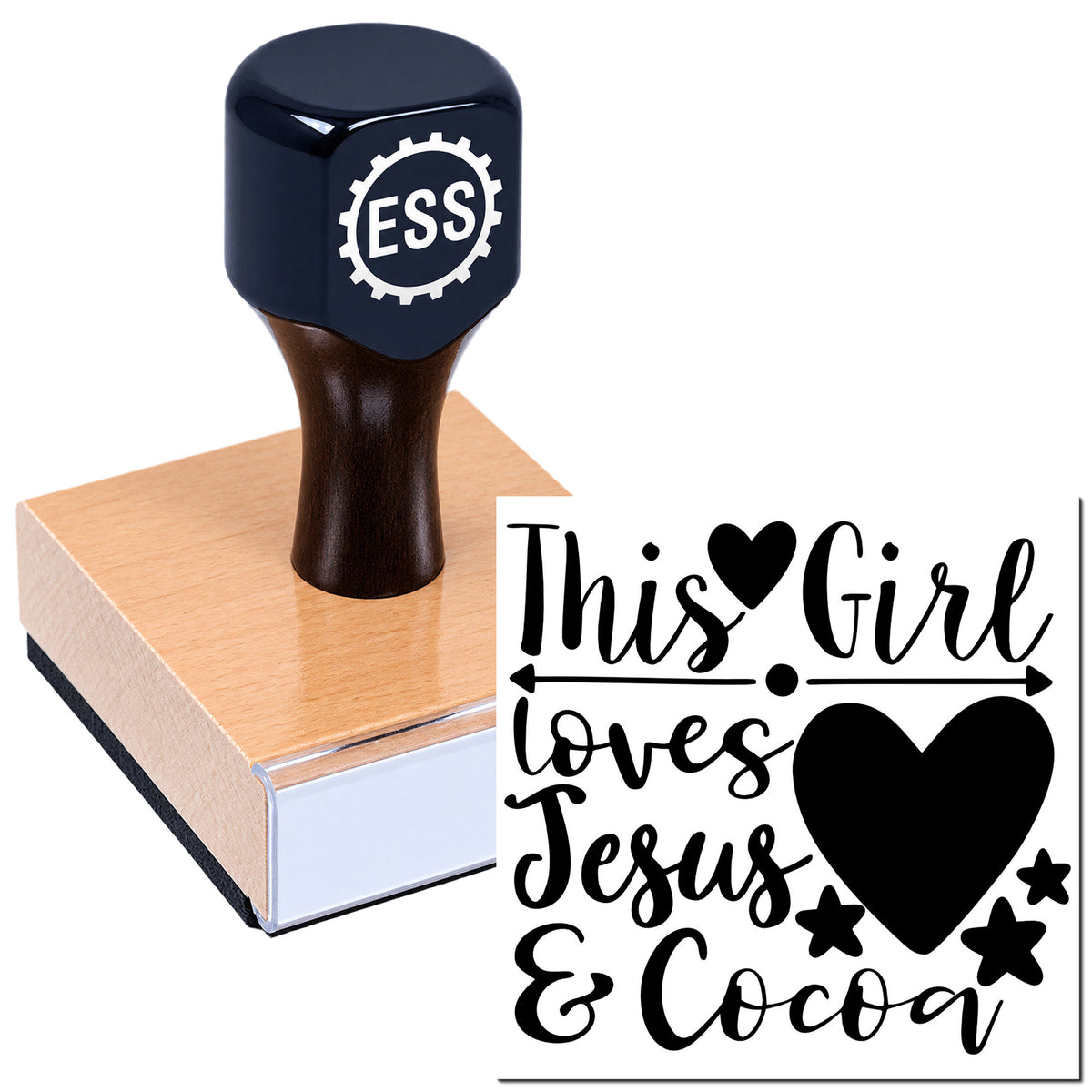 Dark blue custom rubber stamp with wooden handle, showing black "This Girl loves Jesus & Cocoa" design with hearts and stars.