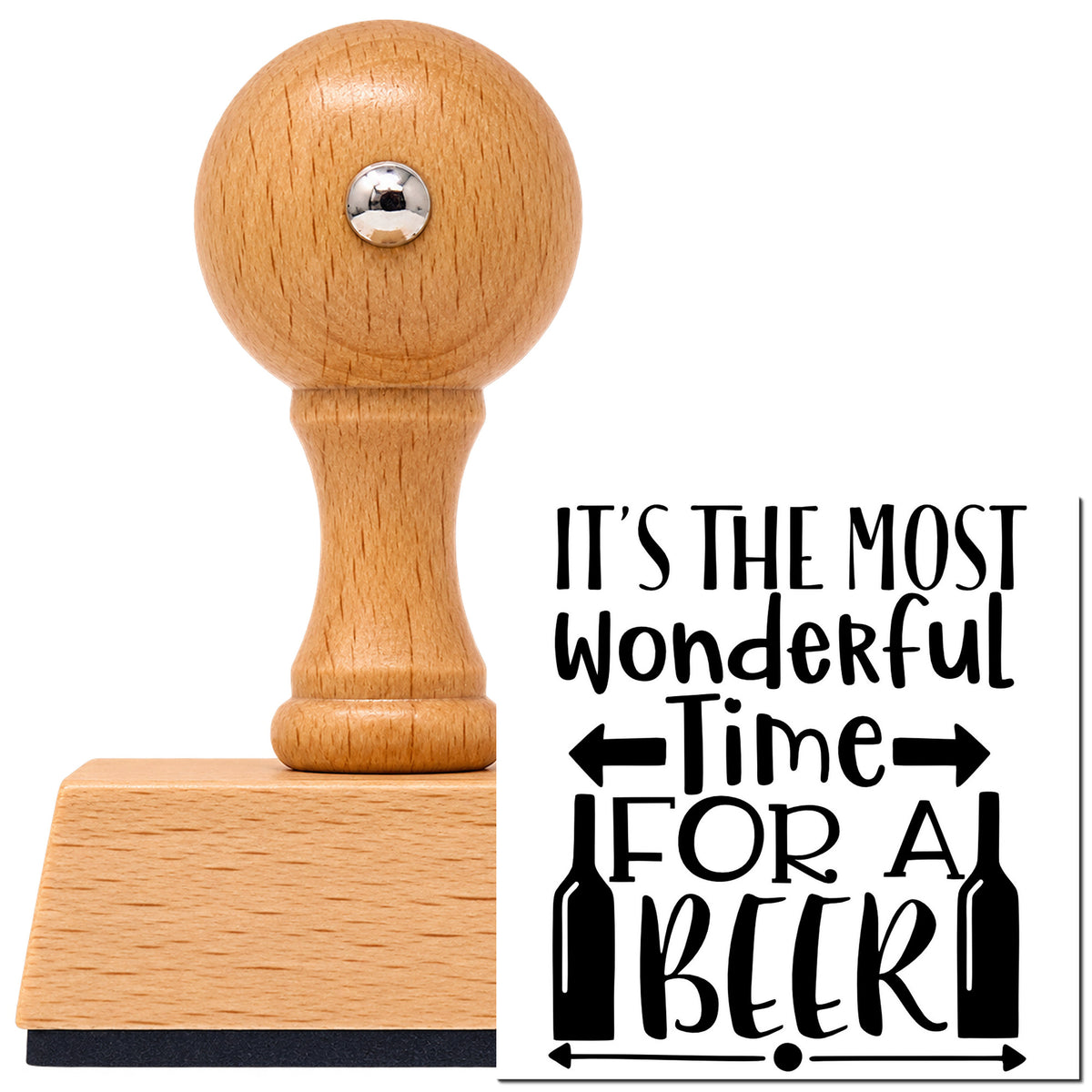 Vintage Pro beech wood stamp with a round knob handle, shown with its black Wonderful Time For Beer imprint on white.