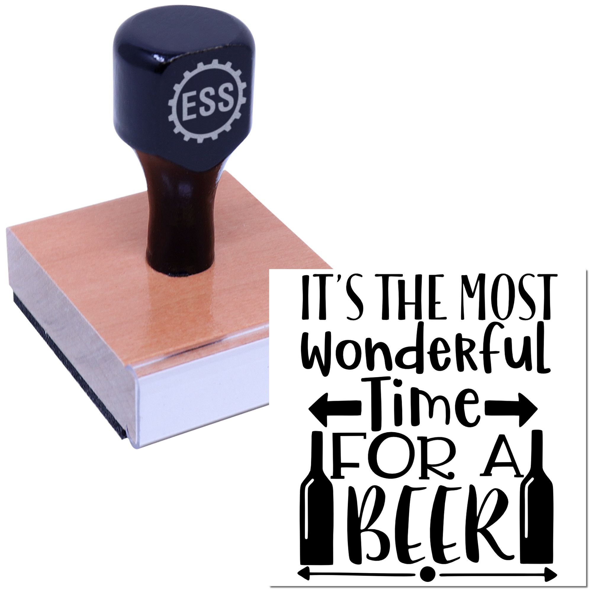 Black ESS rubber stamp with pink seal base and black beer-themed text, Its the Most Wonderful Time for a Beer.