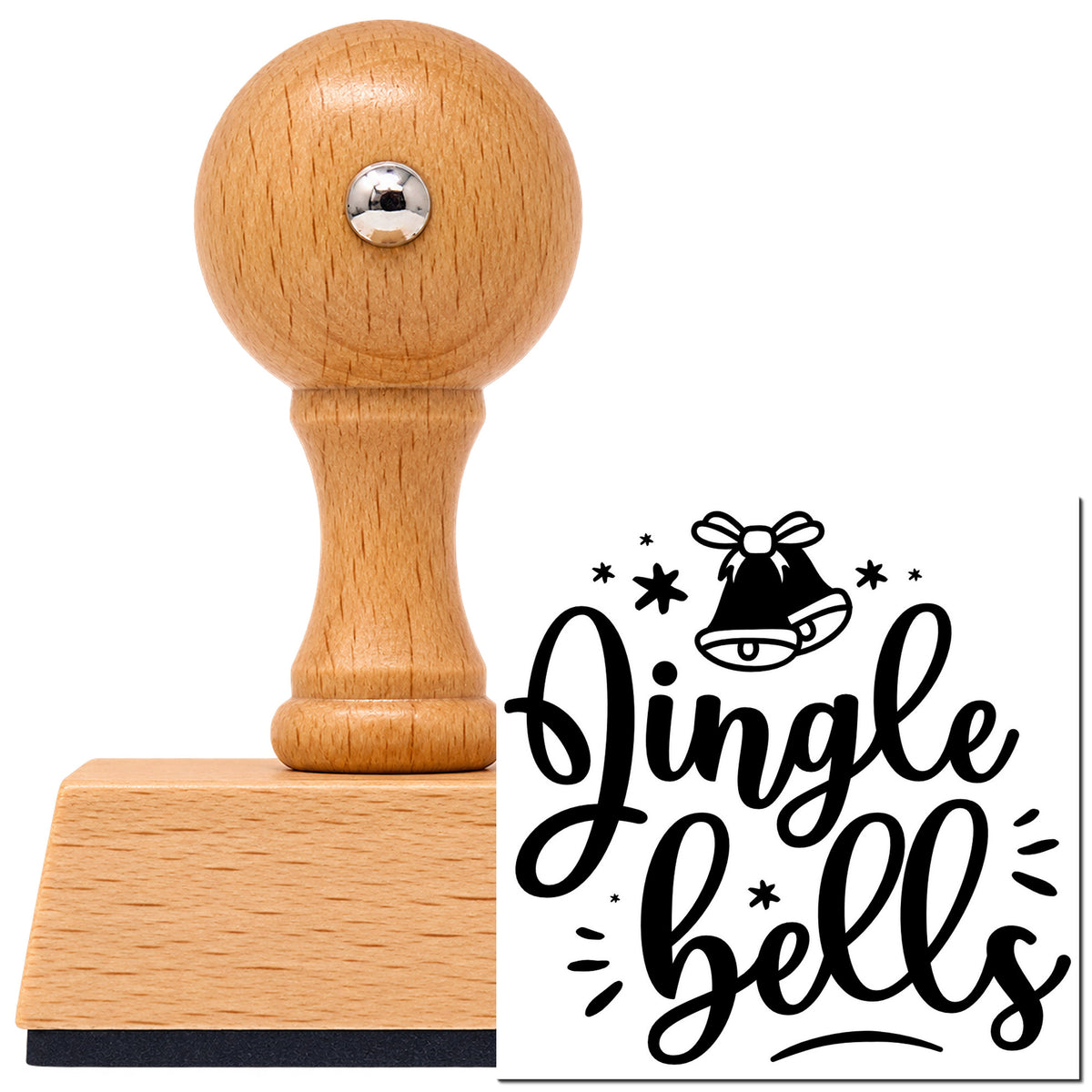 Vintage Pro beech wood stamp with a round knob handle, shown with its black Jingle Bells Bow Bell With Stars imprint on white.