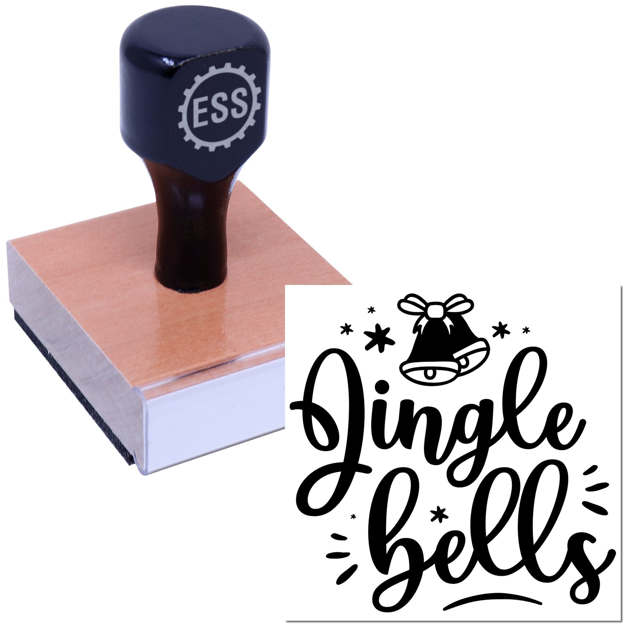 Black ESS rubber stamp on square base with a Jingle Bells holiday seal design in black on white.