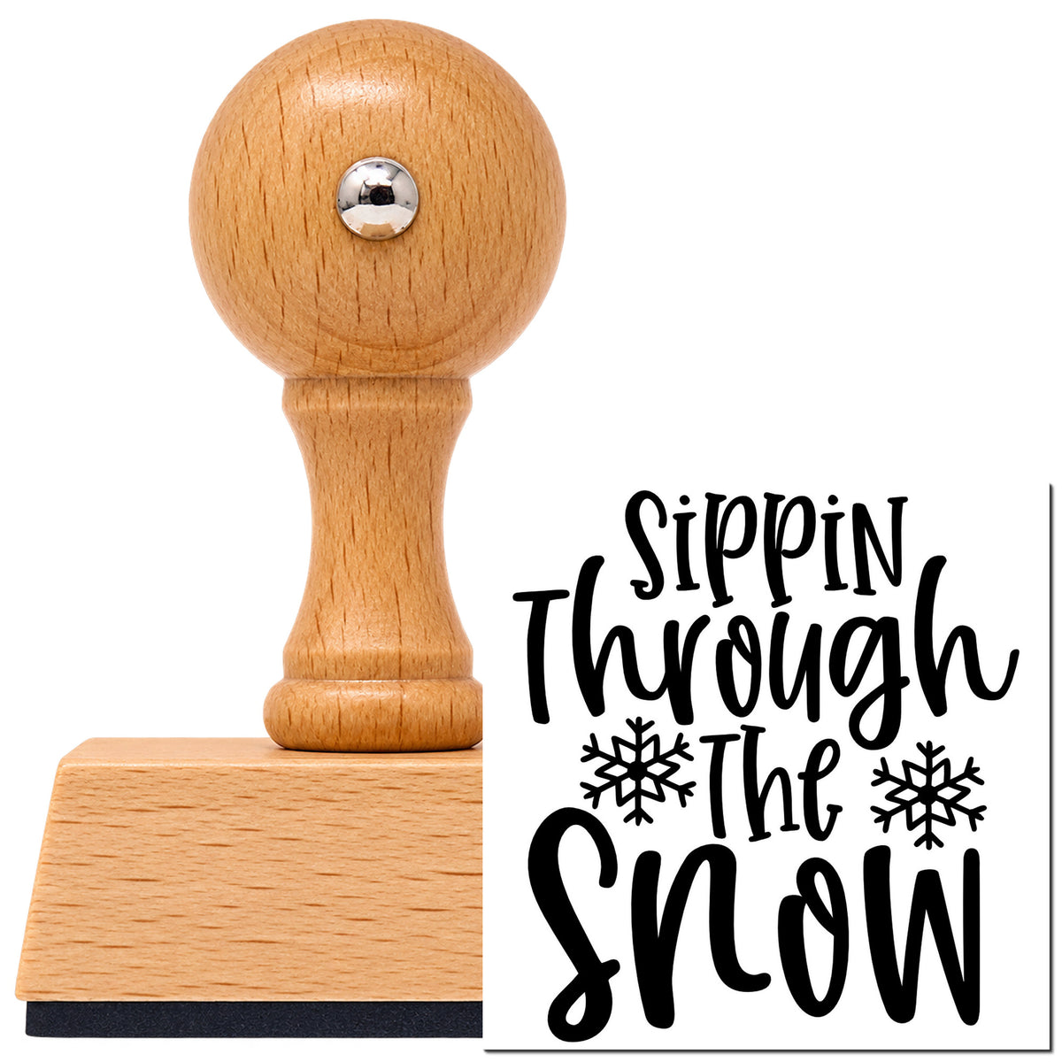 Vintage Pro beech wood stamp with a round knob handle, shown with its black Sippin Through The Snow Snowflakes imprint on white.