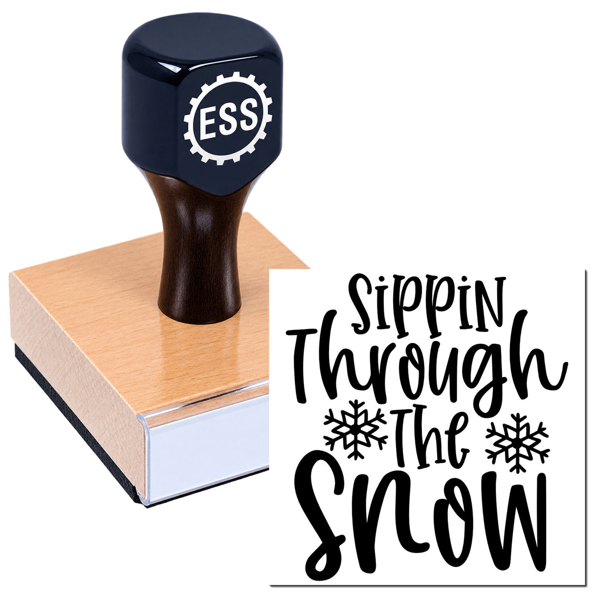 Dark navy ESS stamp on wooden block beside black "Sippin Through the Snow" seal design with snowflakes.