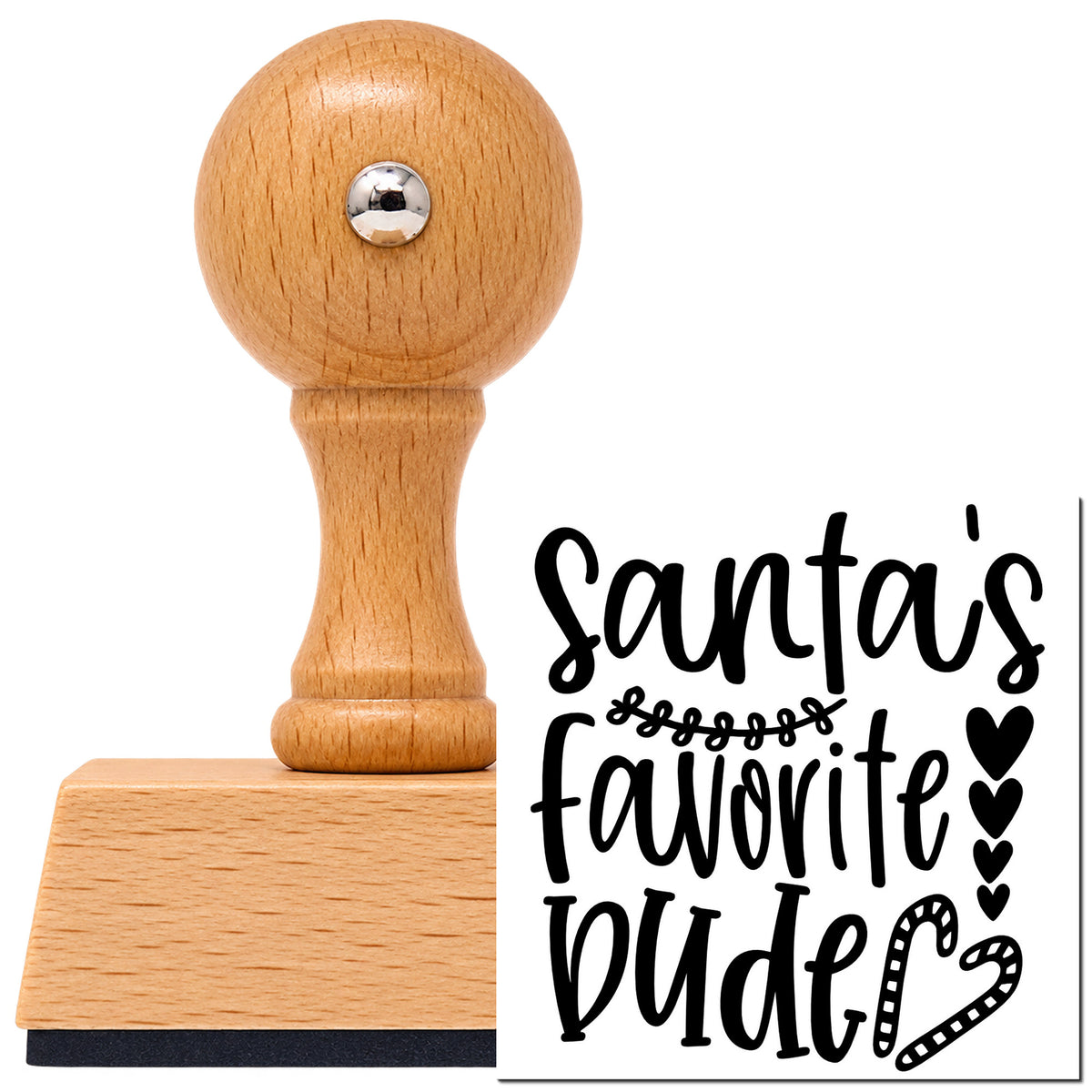 Vintage Pro beech wood stamp with a round knob handle, shown with its black Santa's Favorite Wife Hearts imprint on white.