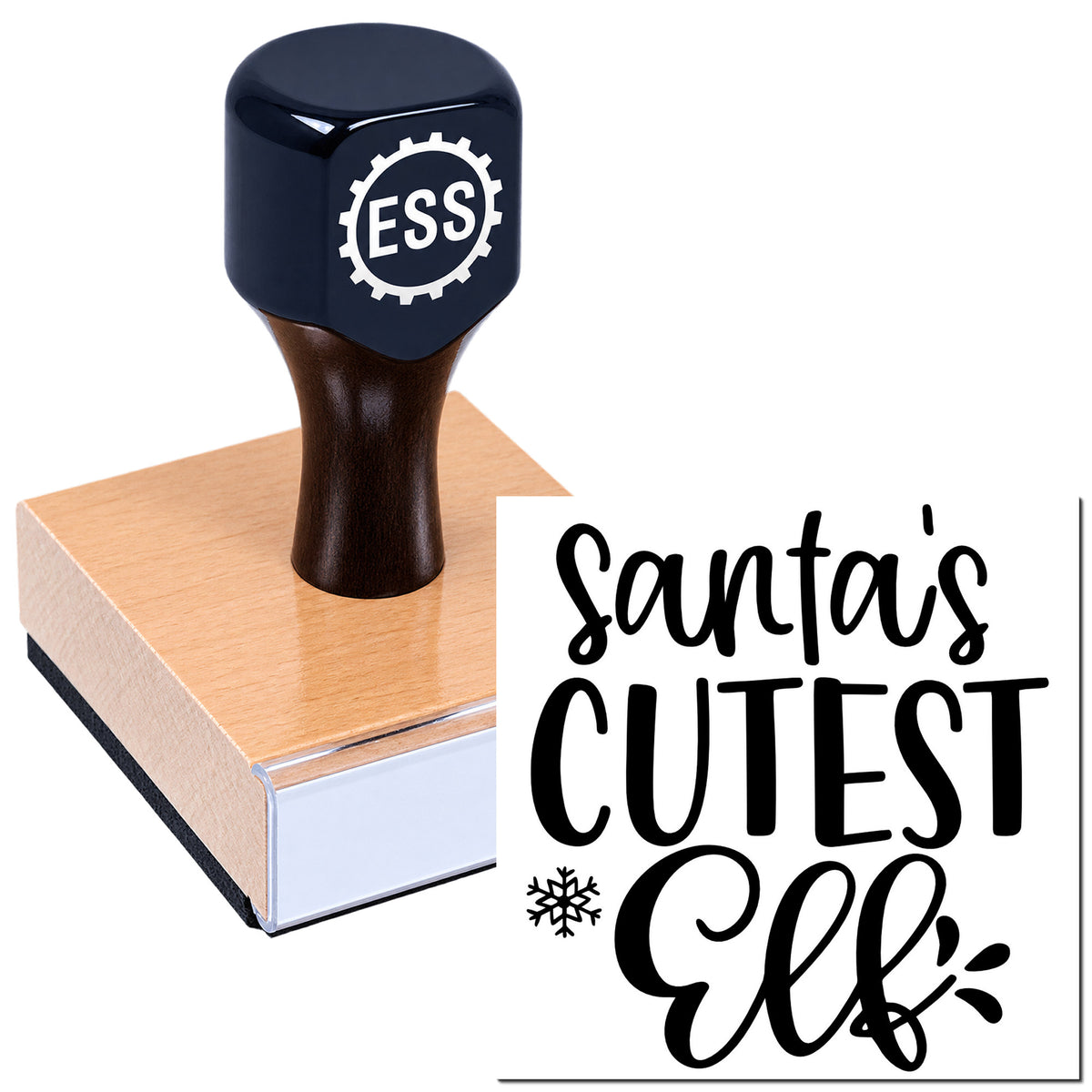 Navy ESS custom rubber stamp and seal on wood block, printing black "Santa's Cutest Elf" script.