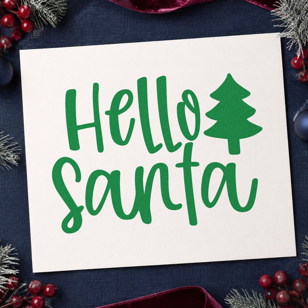 Hello Santa With Tree craft stamp imprinted in green ink on paper, a design suited to framed graphic print.