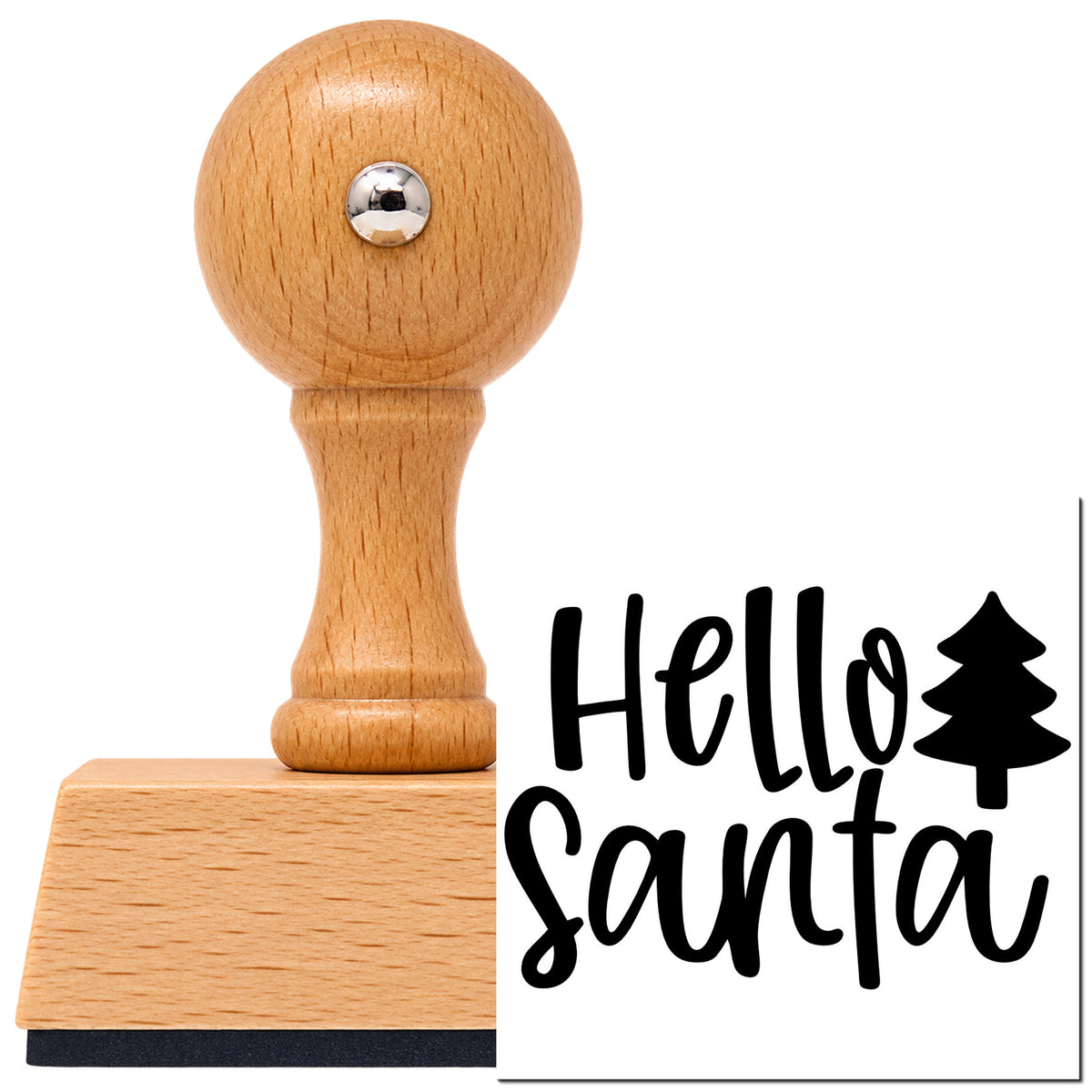 Vintage Pro beech wood stamp with a round knob handle, shown with its black Hello Santa With Tree imprint on white.
