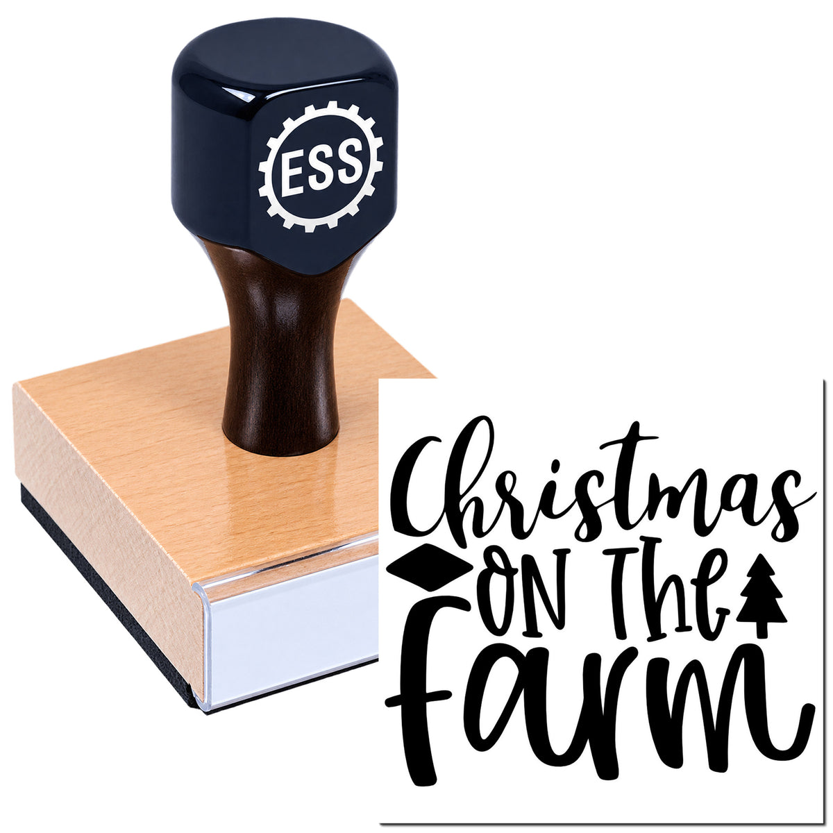 Dark blue ESSL stamp and seal on a wooden block with a "Christmas on the Farm" imprint in black script.