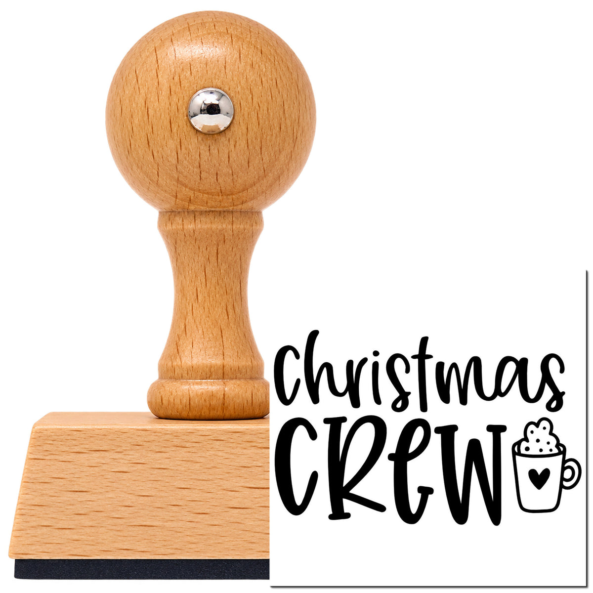 Vintage Pro beech wood stamp with a round knob handle, shown with its black Christmas Crew Cocoa Mug imprint on white.