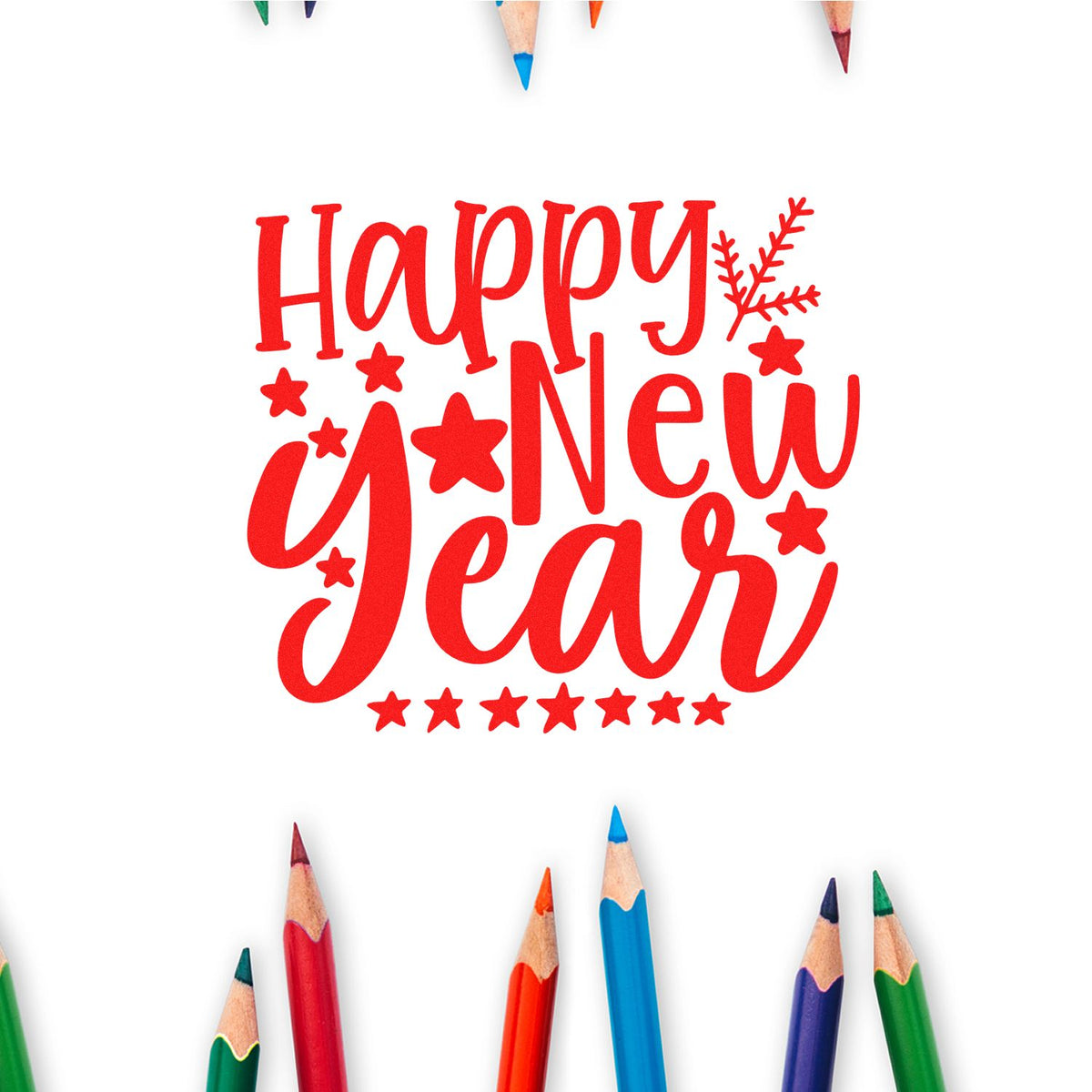 Red Happy New Year stamp and seal design with stars, snowflake, and colored pencils on a white background.