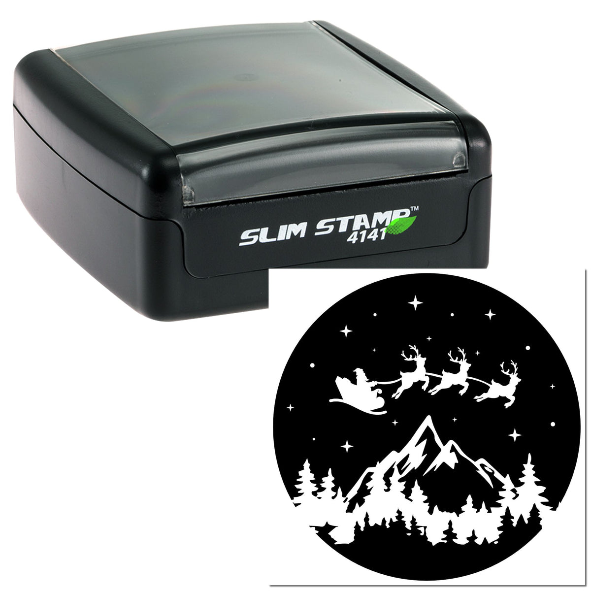 Black Slim Stamp 4141 with gray lid and circular seal showing Santa sleigh, reindeer, mountains, trees, and stars.