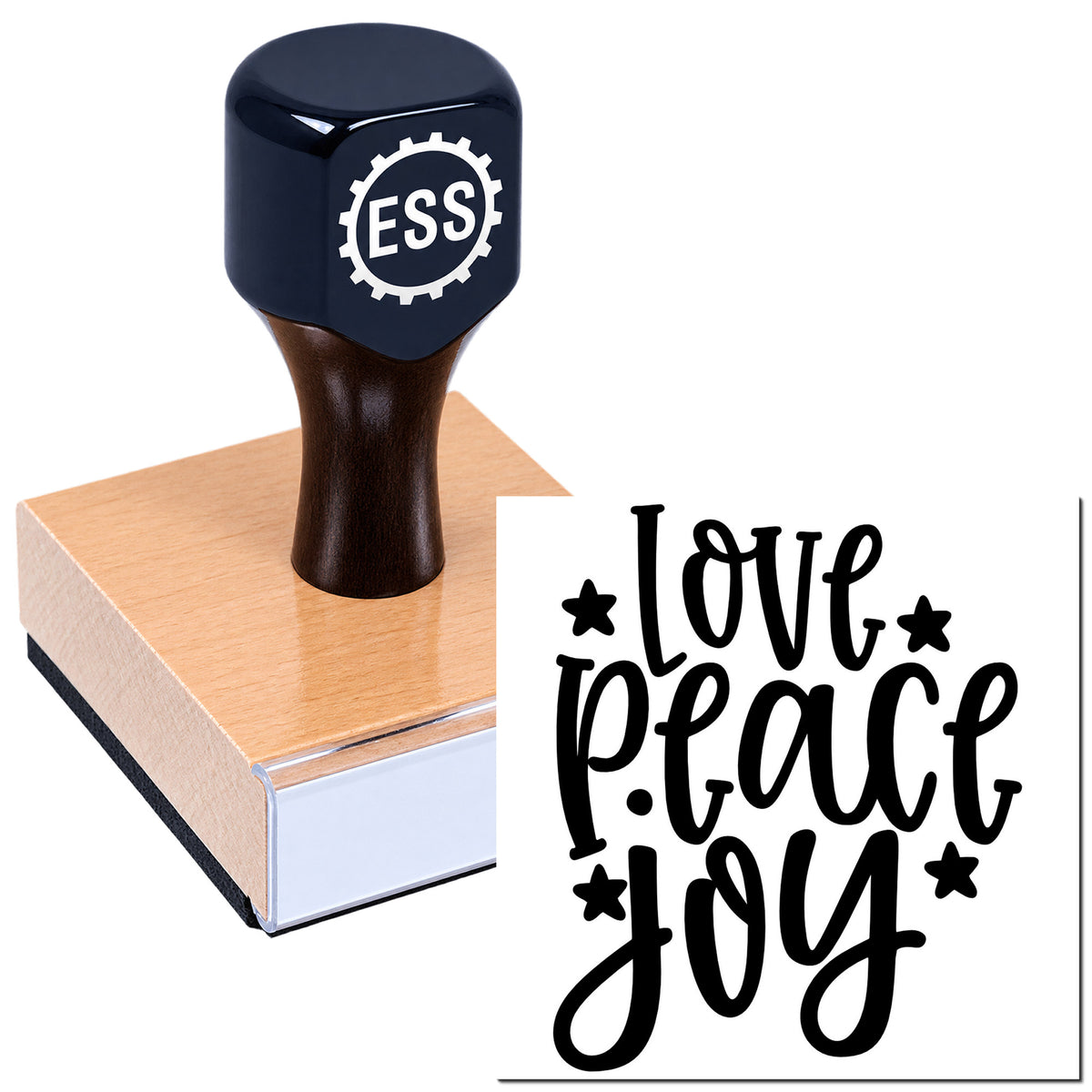 Black ESS stamp on a pink seal block beside a black "love peace joy" seal design with stars.