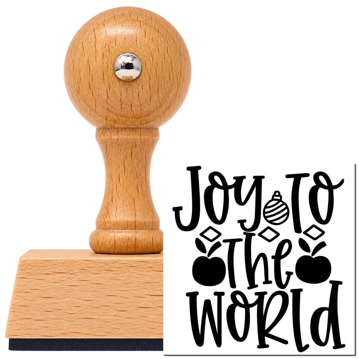 Vintage Pro beech wood stamp with a round knob handle, shown with its black Joy To The World Ornaments Lettering imprint on white.