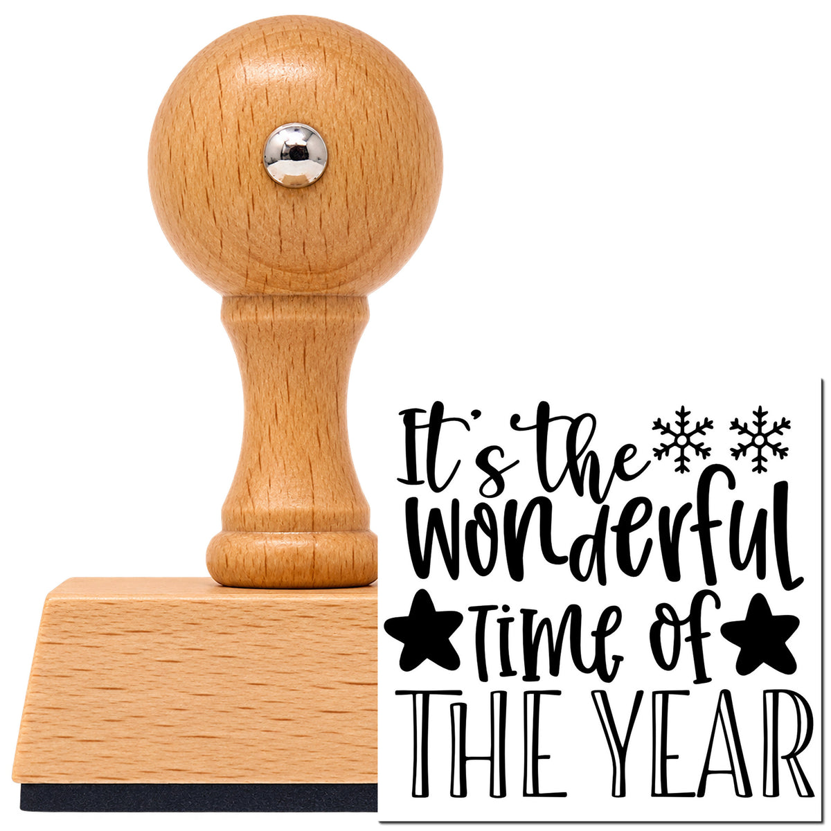 Vintage Pro beech wood stamp with a round knob handle, shown with its black Wonderful Time Of The Year imprint on white.