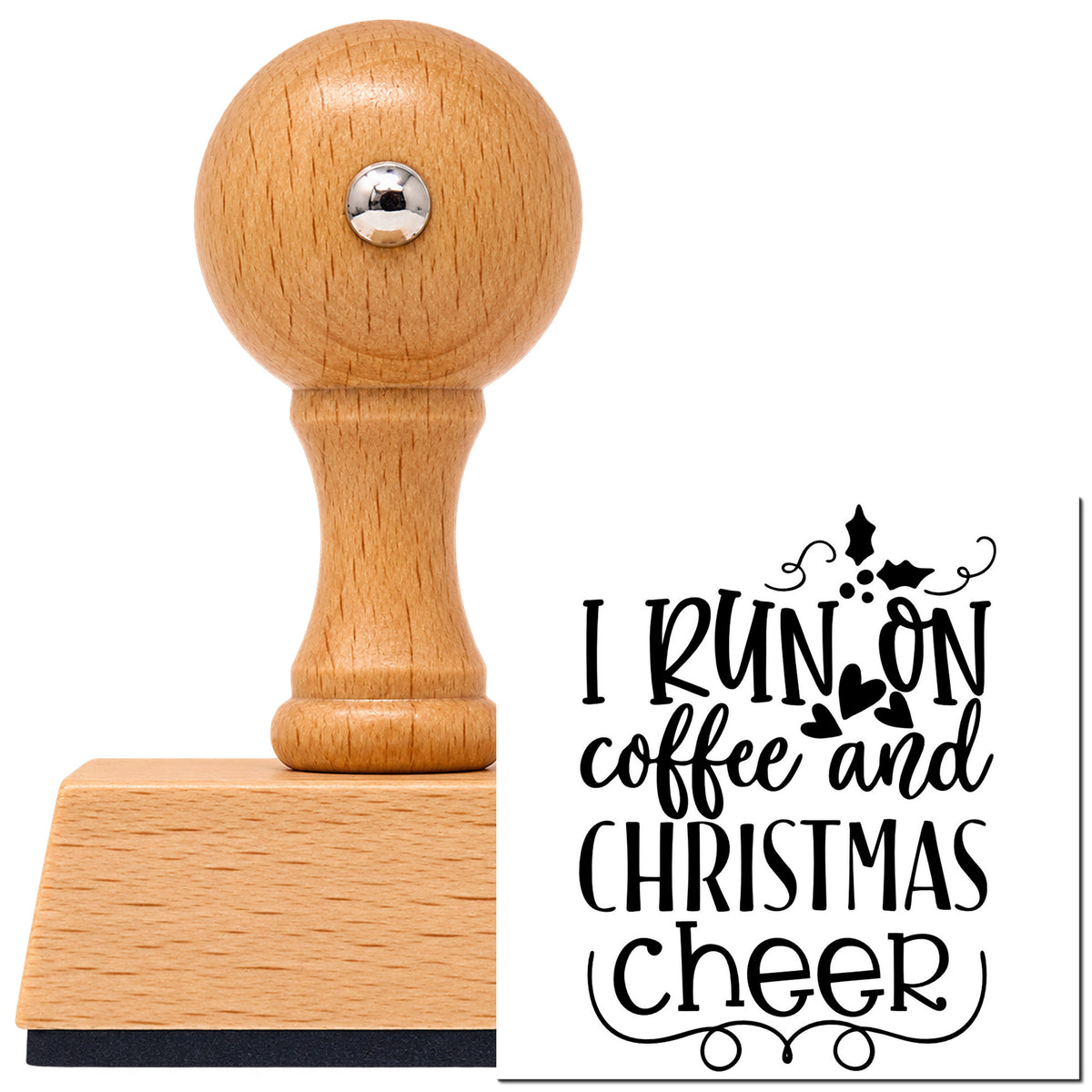 Vintage Pro beech wood stamp with a round knob handle, shown with its black Coffee And Christmas Cheer imprint on white.