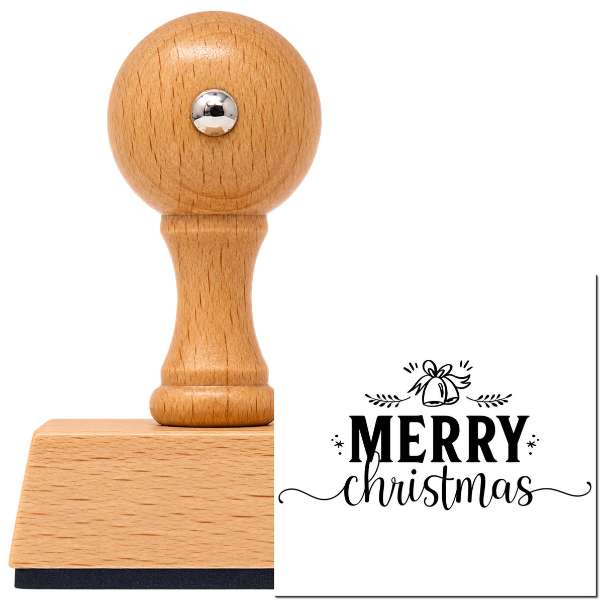 Vintage Pro beech wood stamp with a round knob handle, shown with its black Merry Christmas Bell Flourished Lettering imprint on white.