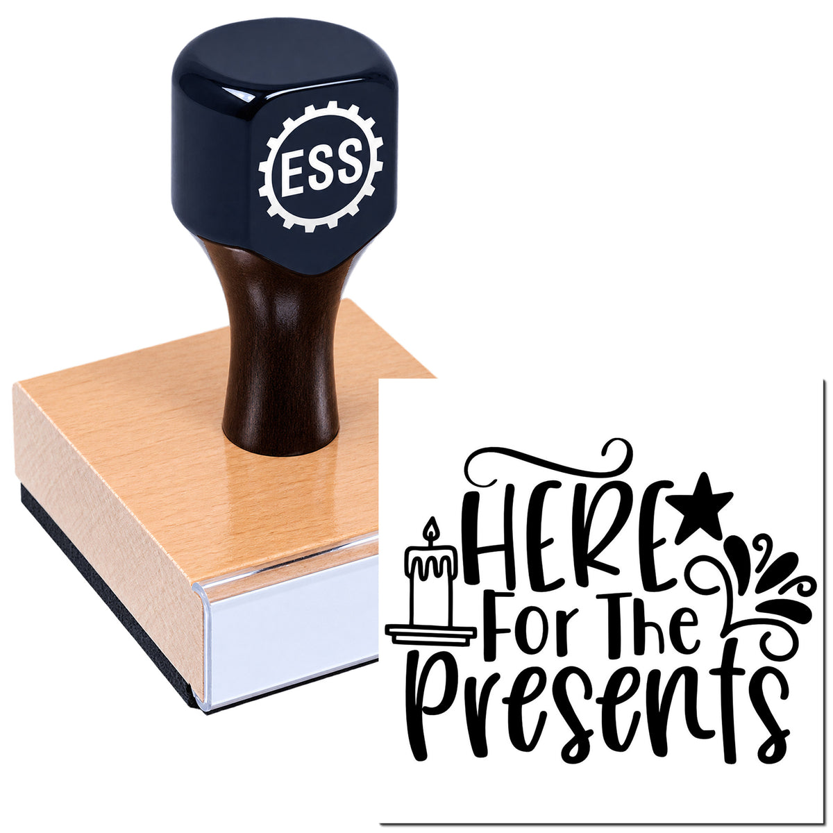 Navy ESS seal stamp on wooden base beside black "Here for the Presents" decorative holiday stamp design