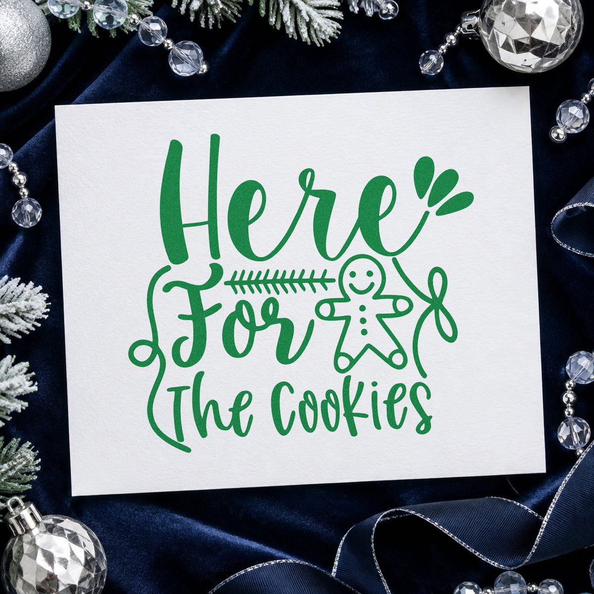 Here For The Cookies craft stamp imprint in green ink on a handmade project, one idea being plate claim tags.