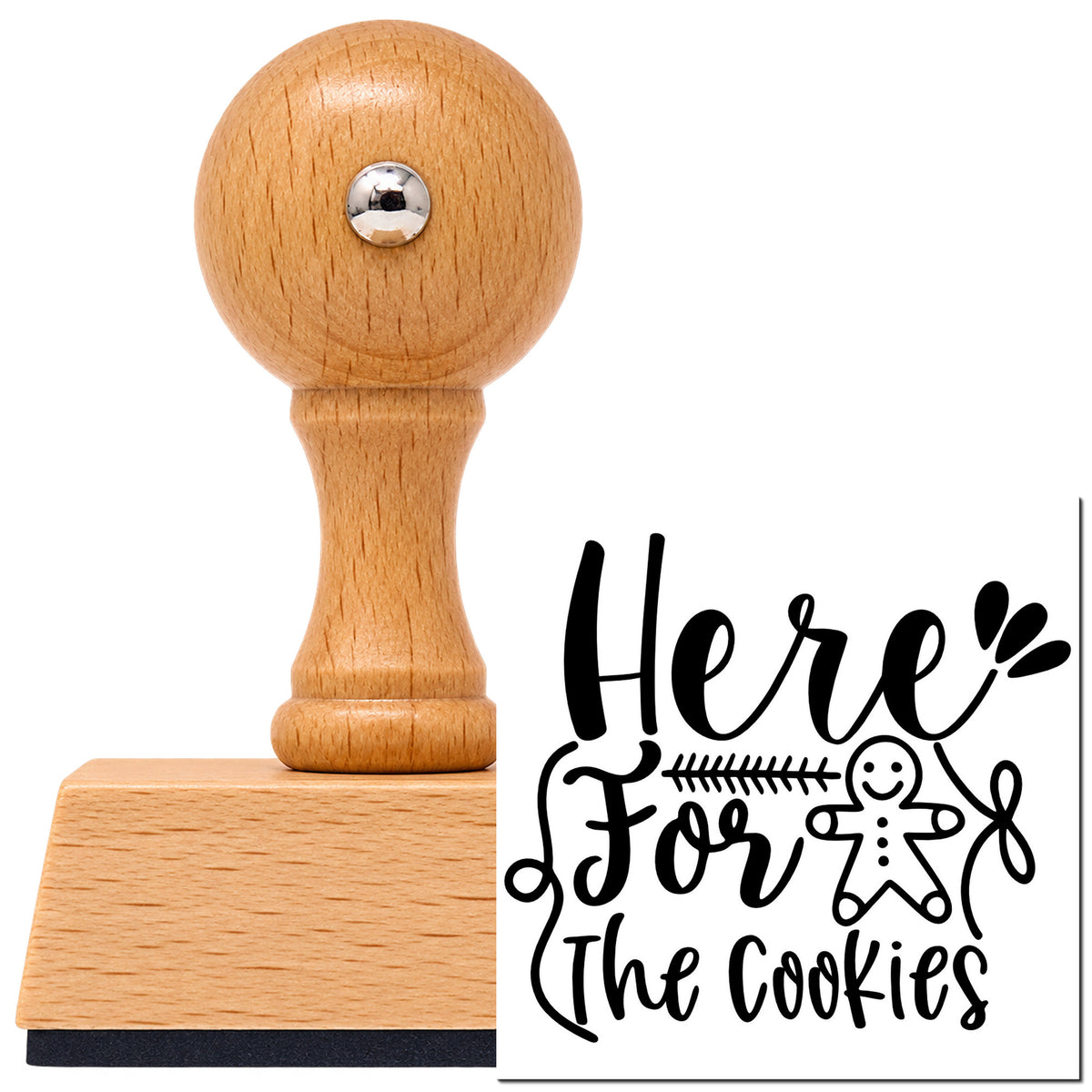 Vintage Pro beech wood stamp with a round knob handle, shown with its black Here For The Cookies Gingerbread imprint on white.