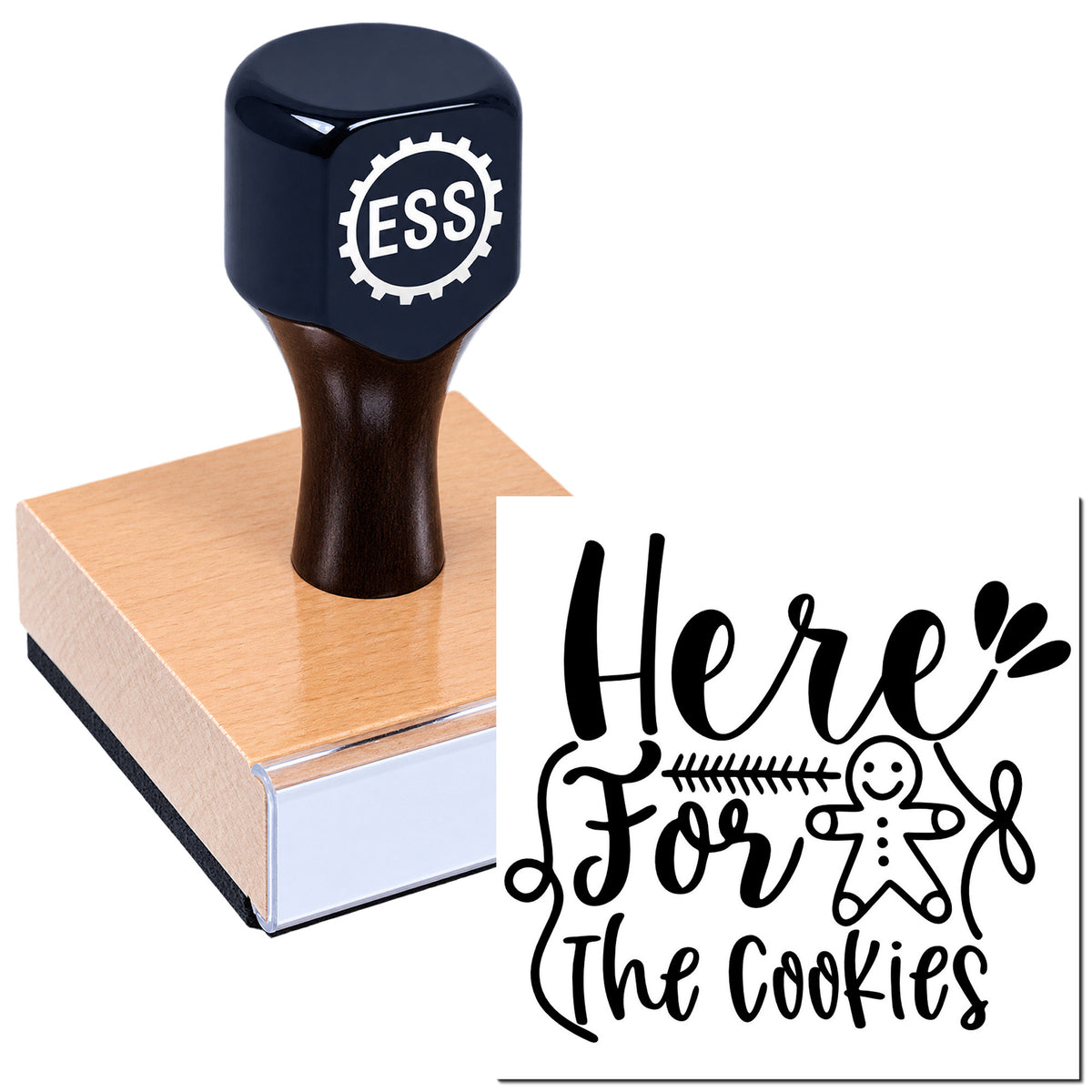 Black ESS self-inking stamp on rose-gold pad, with "Here for the cookies" custom seal in black script.