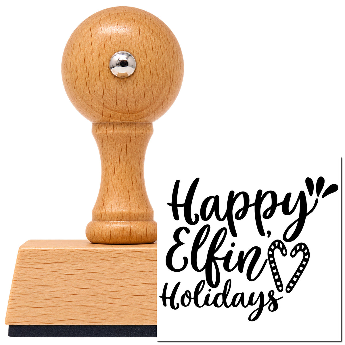 Vintage Pro beech wood stamp with a round knob handle, shown with its black Happy Elfin Holidays Heart imprint on white.
